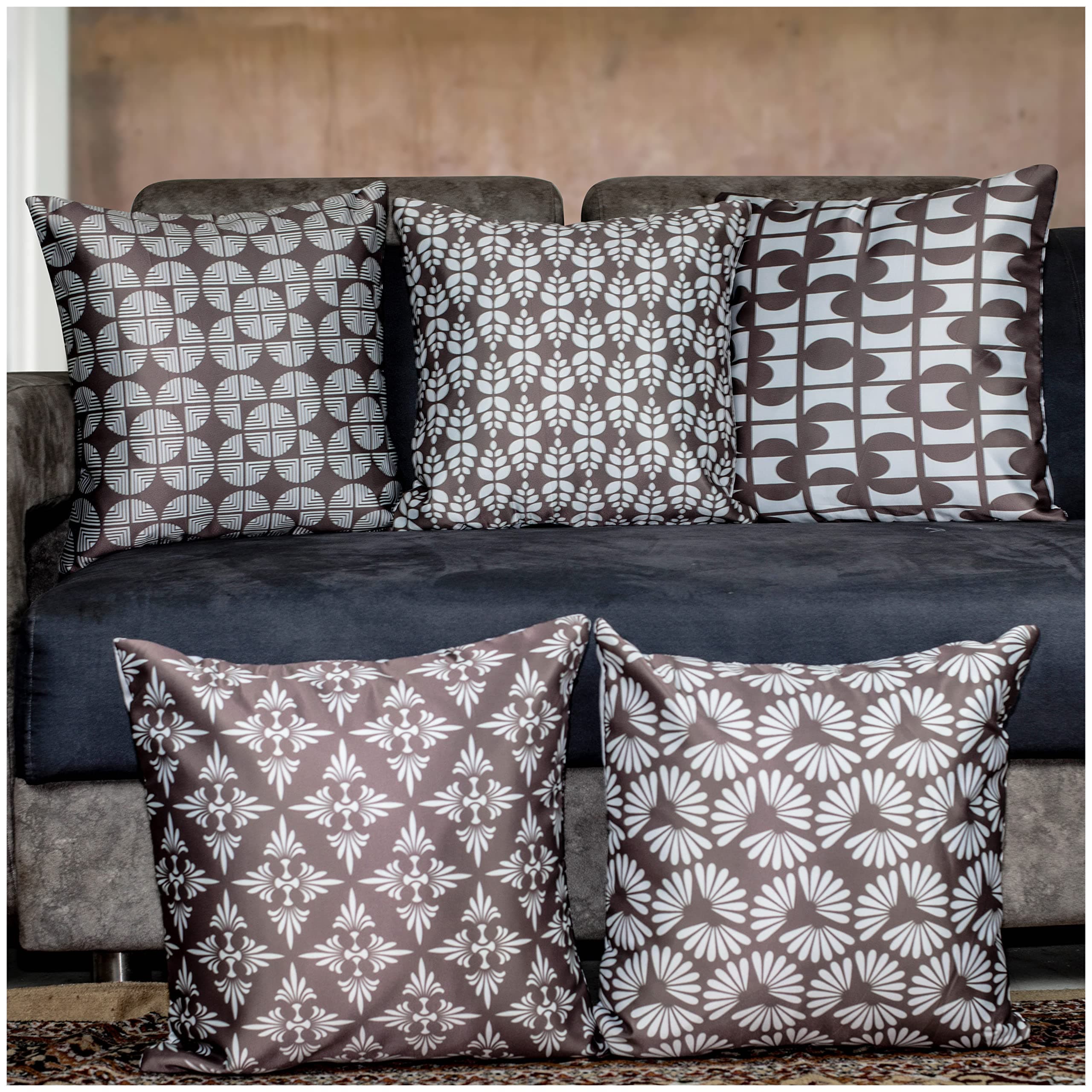 Vendola Decorative Satin Sofa Cushion Covers Set of 5, 20 Inch x 20 Inch, Sofa Cushion Pillow Cover, White and Brown, Geometrical Design, Zipper Closure (Cedar, 20X20 Inches)