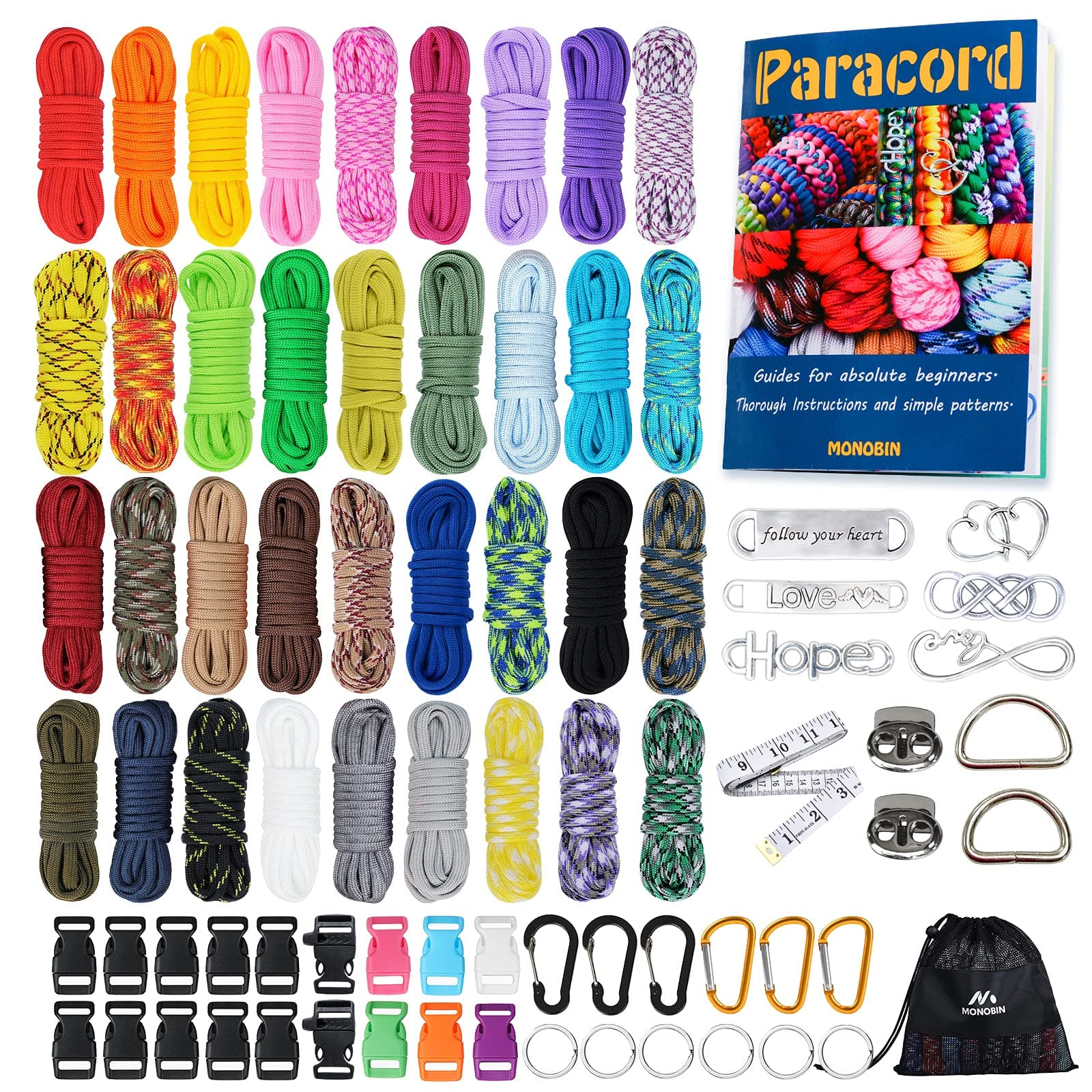 MONOBIN Paracord Combo Bracelet Making Kit with Crafting Instruction - 550 Multifunction Paracord Ropes 36 Colors with Complete Accessories for Making Lanyards, Tent Ropes, Dog Collars (36COLORS-C)