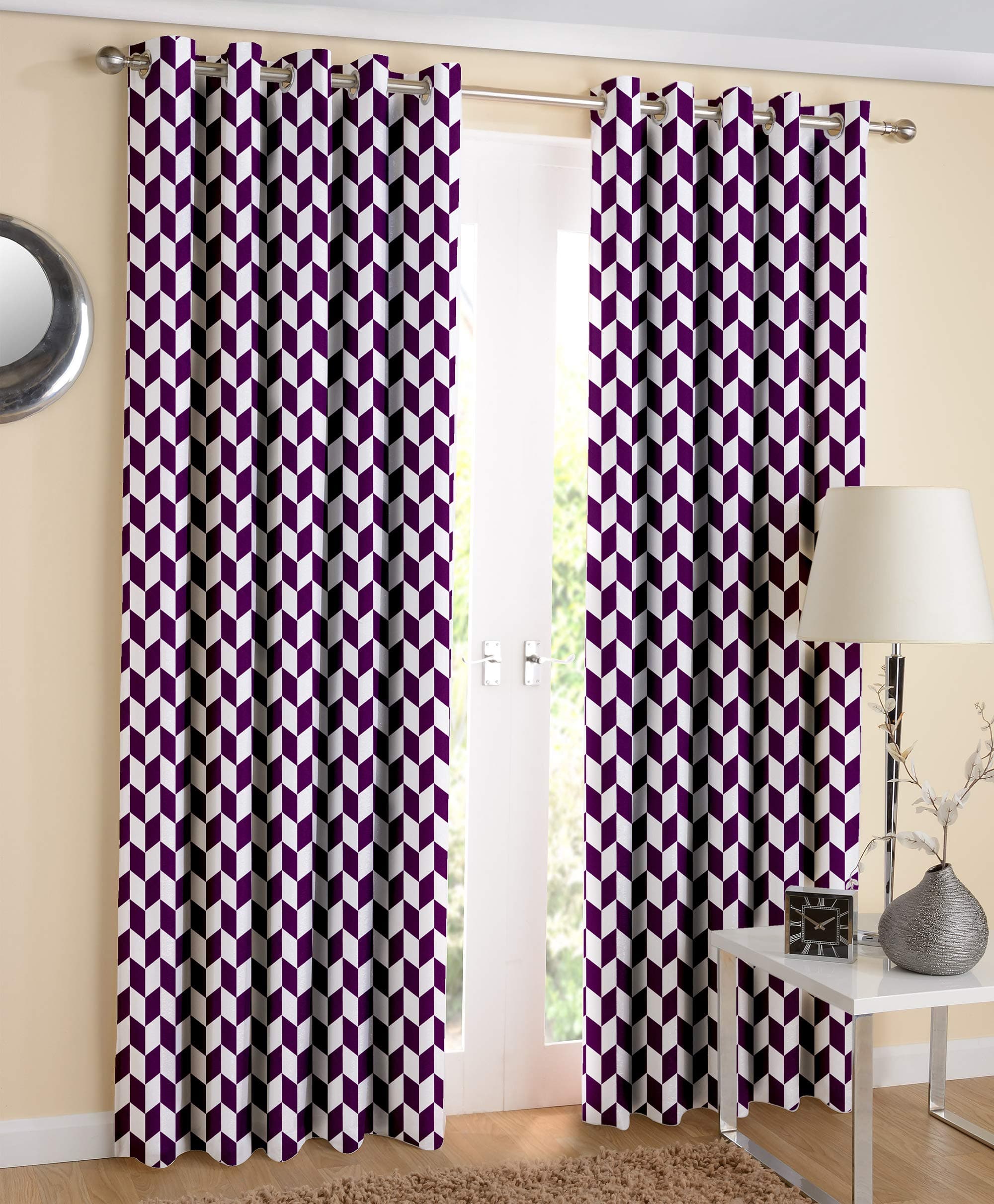 Airwill Purple Geometric Pattern Cotton Window Curtains 4x5ft Pack of 2 Pieces