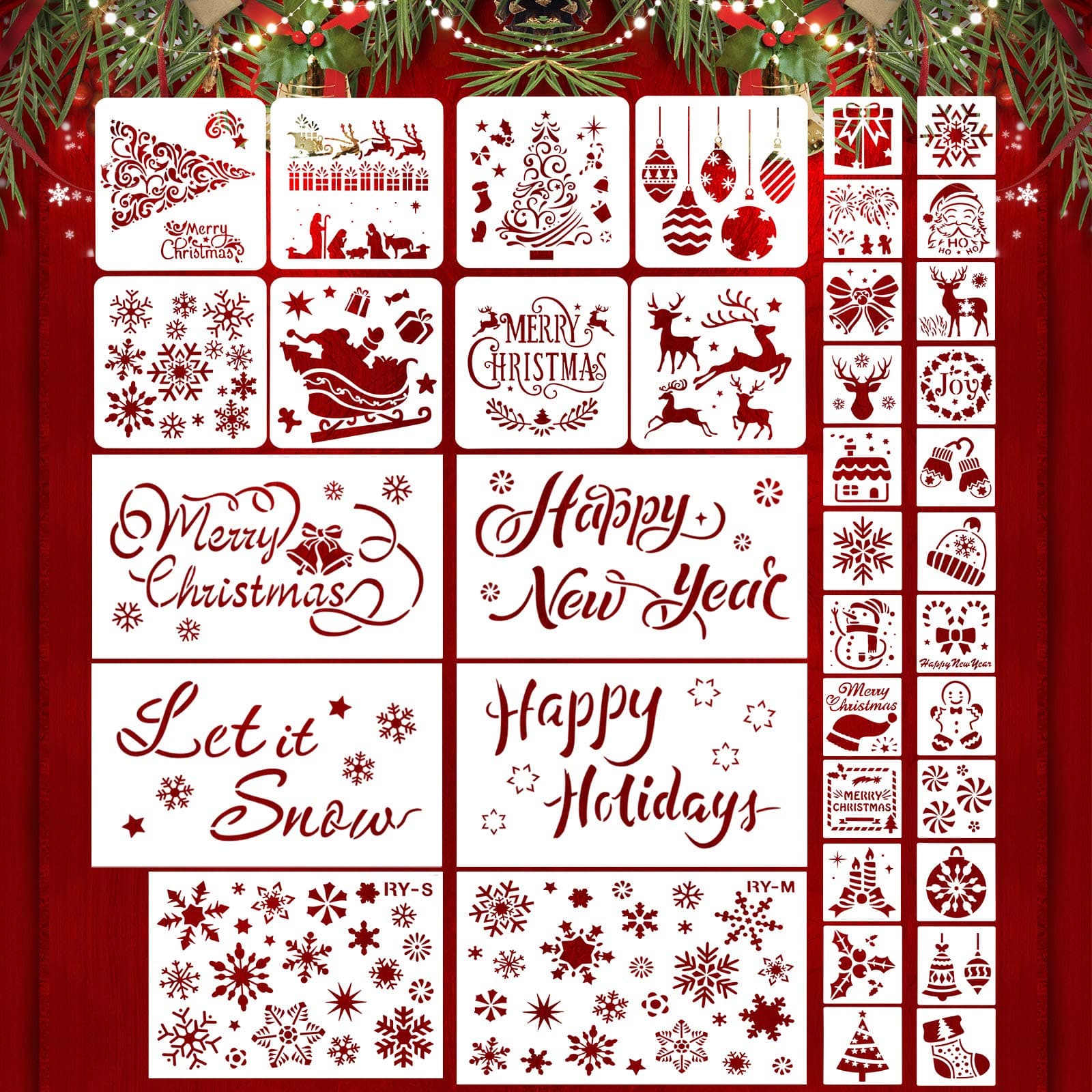 Outus 38 Pieces Christmas Stencils: Reusable Christmas Painting Stencils for Art Drawing Spraying Window Glass Door Wood Journal Scrapbook Holiday Xmas Snowflake Decor
