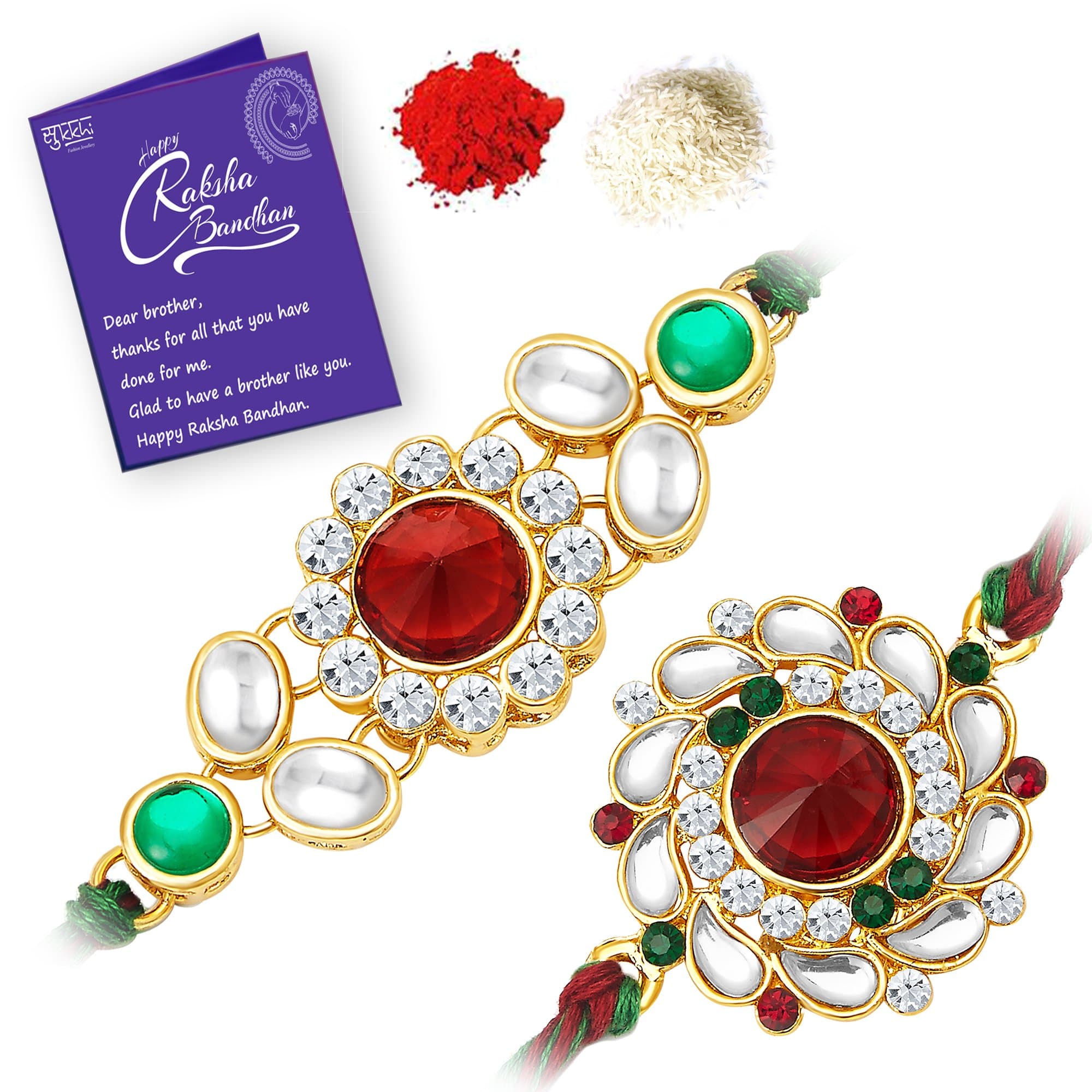 Sukkhi Rakhi for Brother Stylish Kundan Combo & Designer Gold Plated with Roli Chawal & Greeting Card Set of 2|CB73470