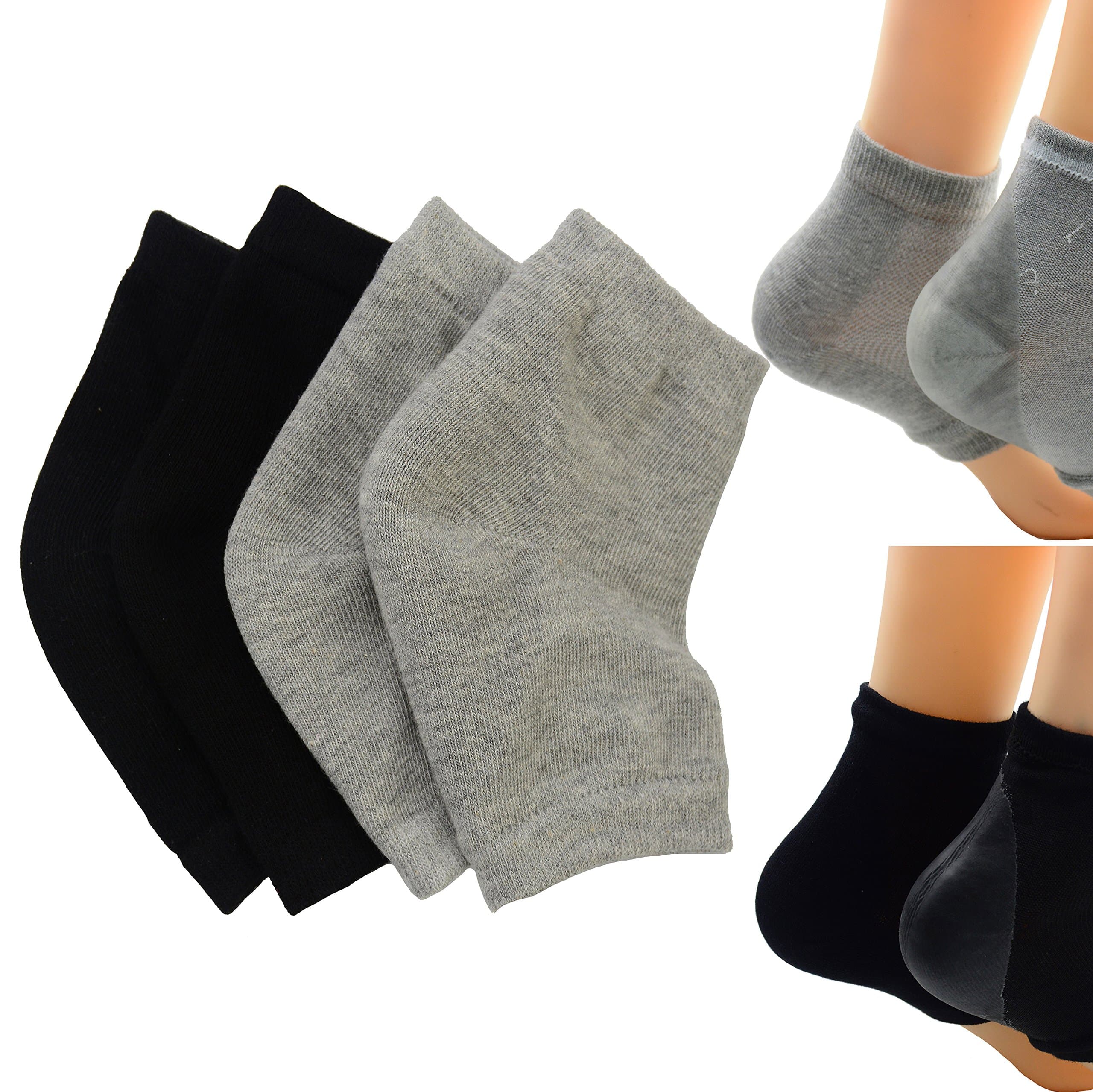Makhry 2 Pairs Moisturizing Silicone Gel Heel Socks for Dry Hard Cracked Skin Open Toe Comfy Recovery Socks Day Night Care fits U.S. Women Size 4-8.5.Men size 6-10.5 (M, Black+Grey)