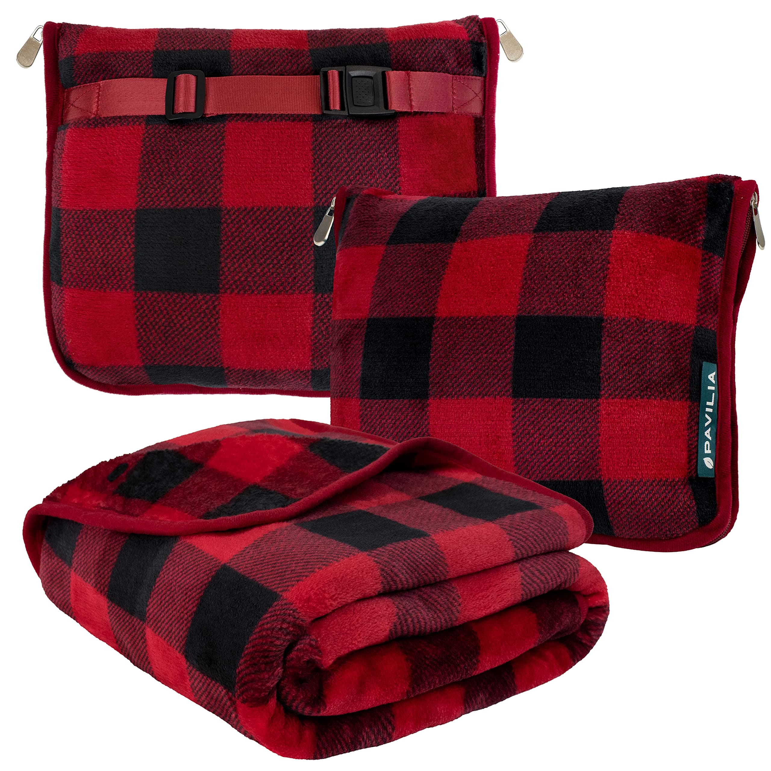 PAVILIA Fleece Travel Blanket Pillow | Large Portable Airplane Blanket with Luggage Strap | 2-in-1 Foldable Blanket for Travel, Use as Blanket for Car, Flight, Work, Camping (Checker Red)
