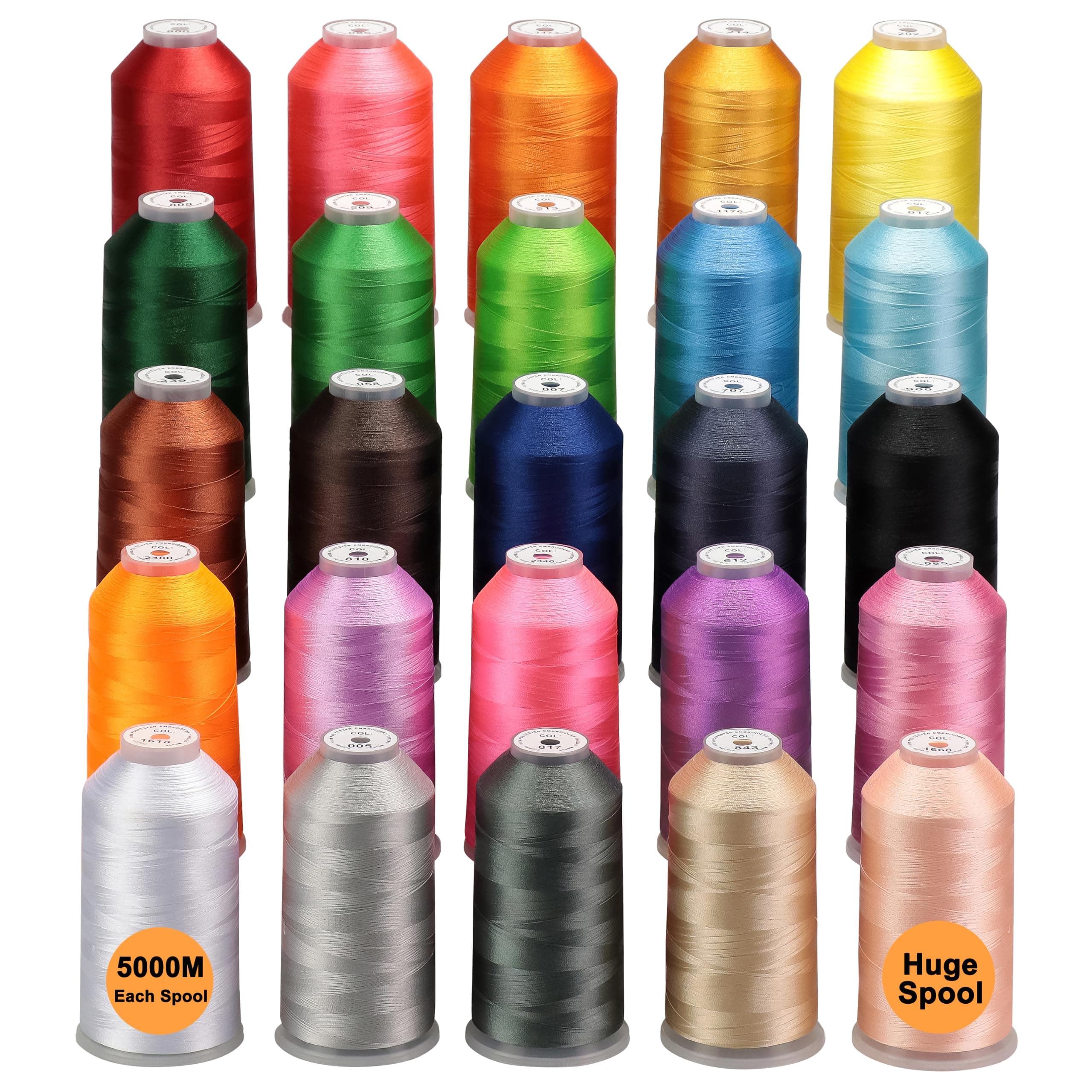 New brothreads - 25 Basic Colors of Huge Spool 5000M Polyester Embroidery Machine Thread for Commercial and Domestic Embroidery Machines