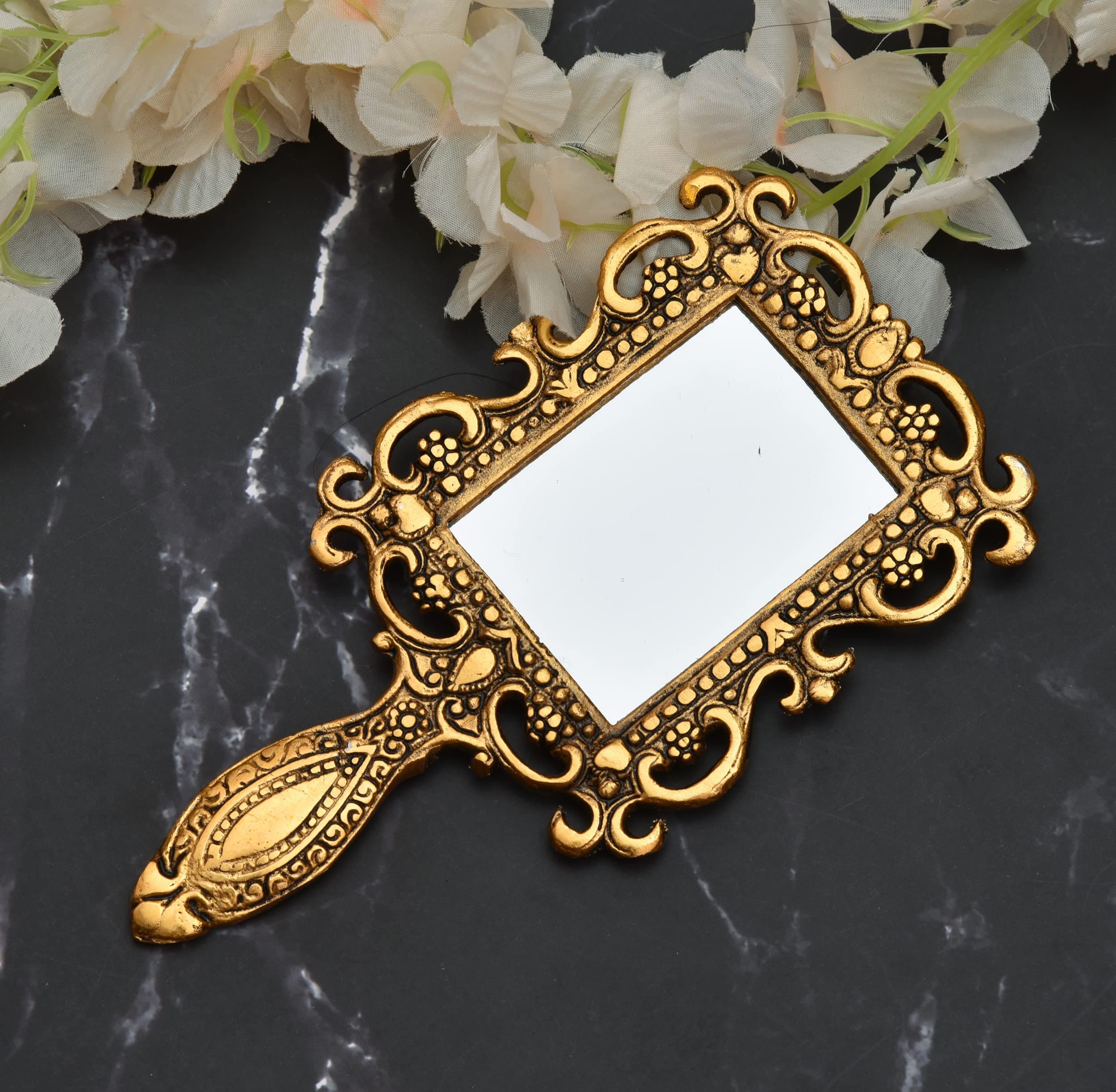 Nirmal Handicraft Antique Rajasthani Handheld Mirror with Handle | Oxidized Metal Vintage Makeup Mirror | Tabletop Vanity & Travel Compact Mirror for Women (Pack of 1)