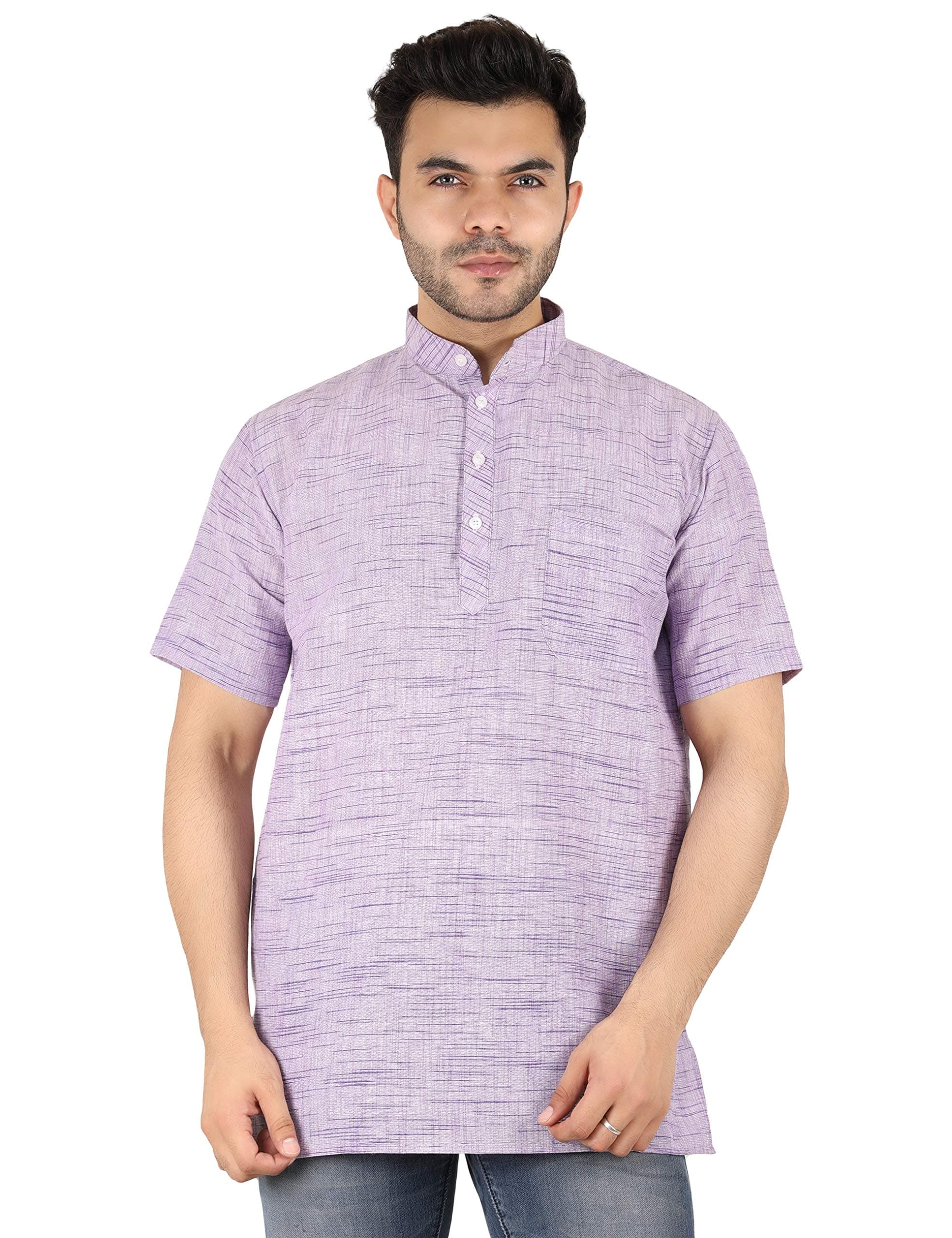 LATEST CHIKAN Men's Cotton Blend Regular Textured Short Kurta Half Sleeves - Casual Ethnic Wear Purple
