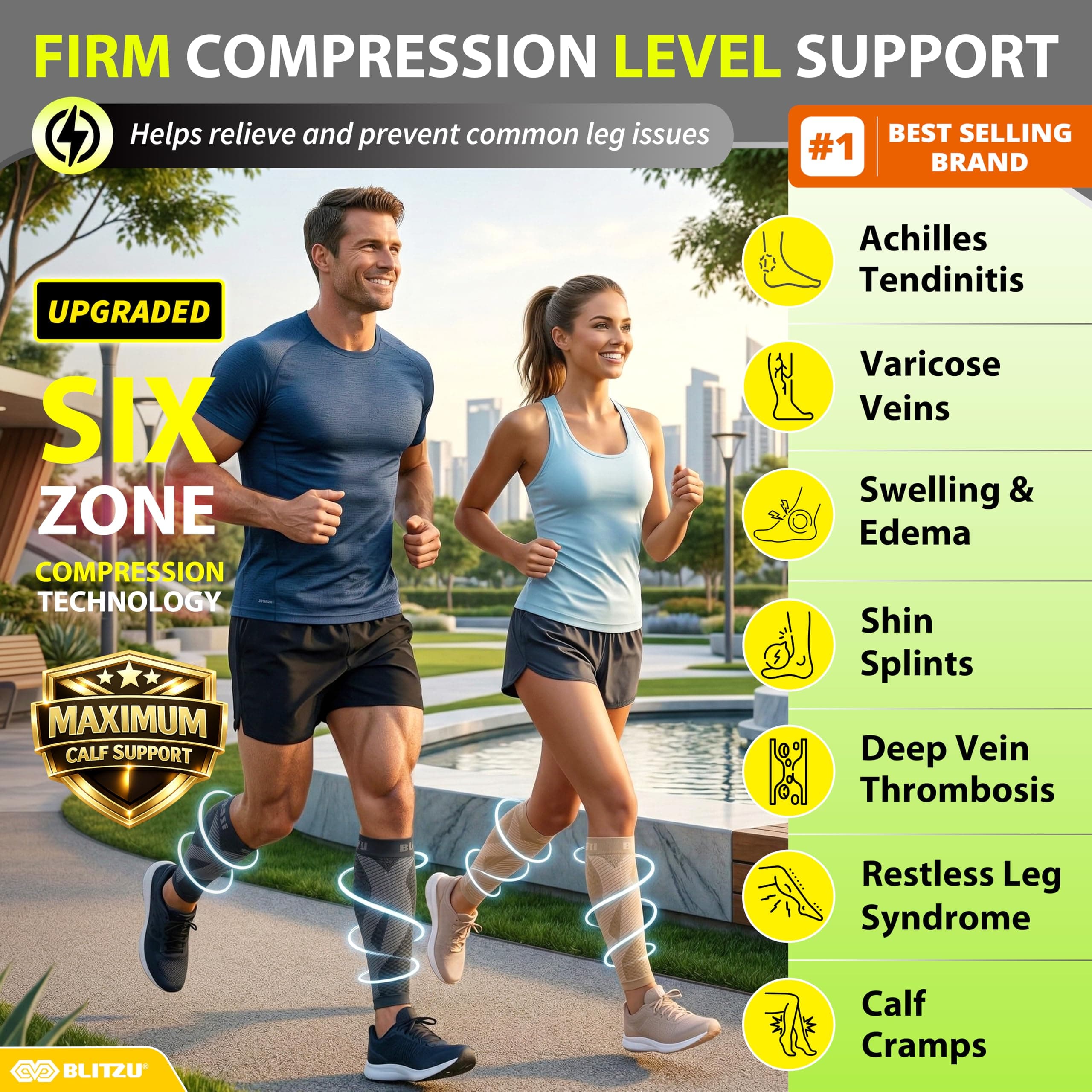 BLITZU Leg Performance Calf Sleeve Compression Socks for Pain Relief [One Pair, Black, Large/X-Large]