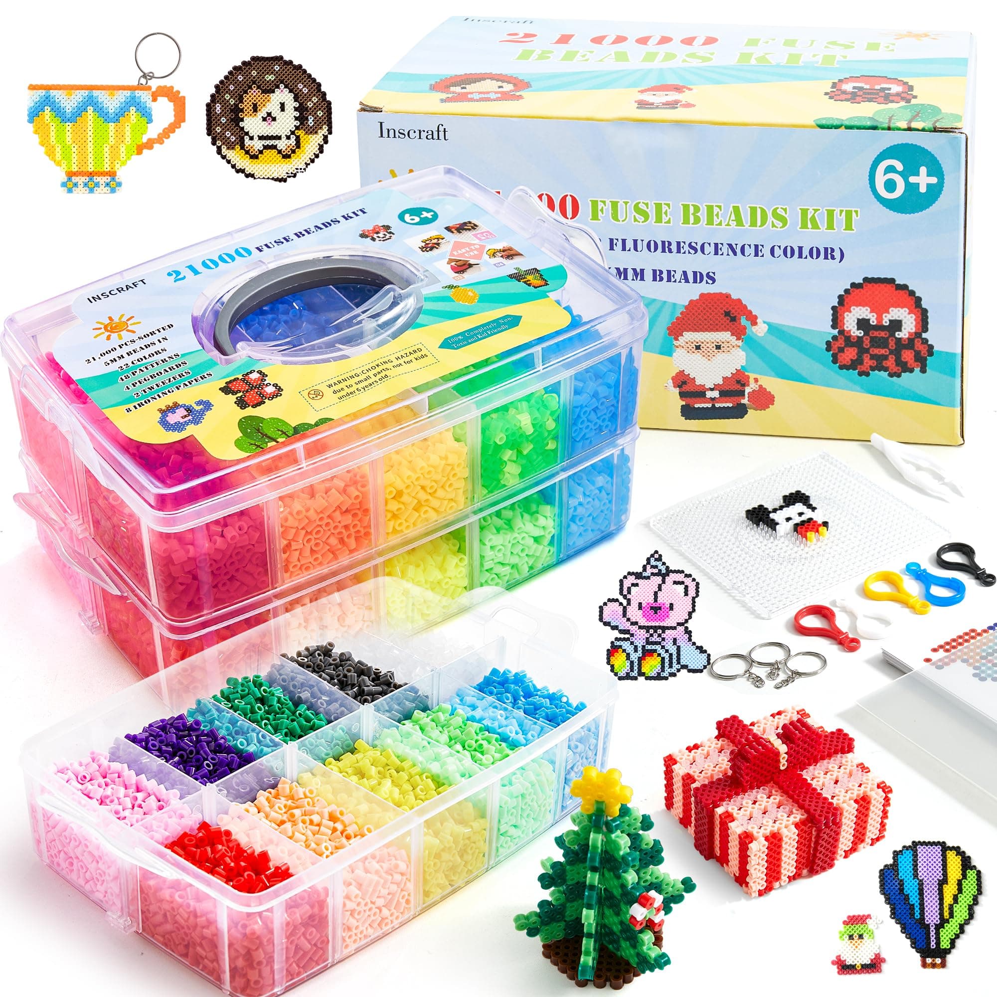 Fuse Beads, 21,000 pcs Fuse Beads Kit 22 Colors 5MM for Kids, Including 8 Ironing Paper,48 Patterns, 4 Pegboards, Tweezers, Perler Beads Compatible Kit by INSCRAFT