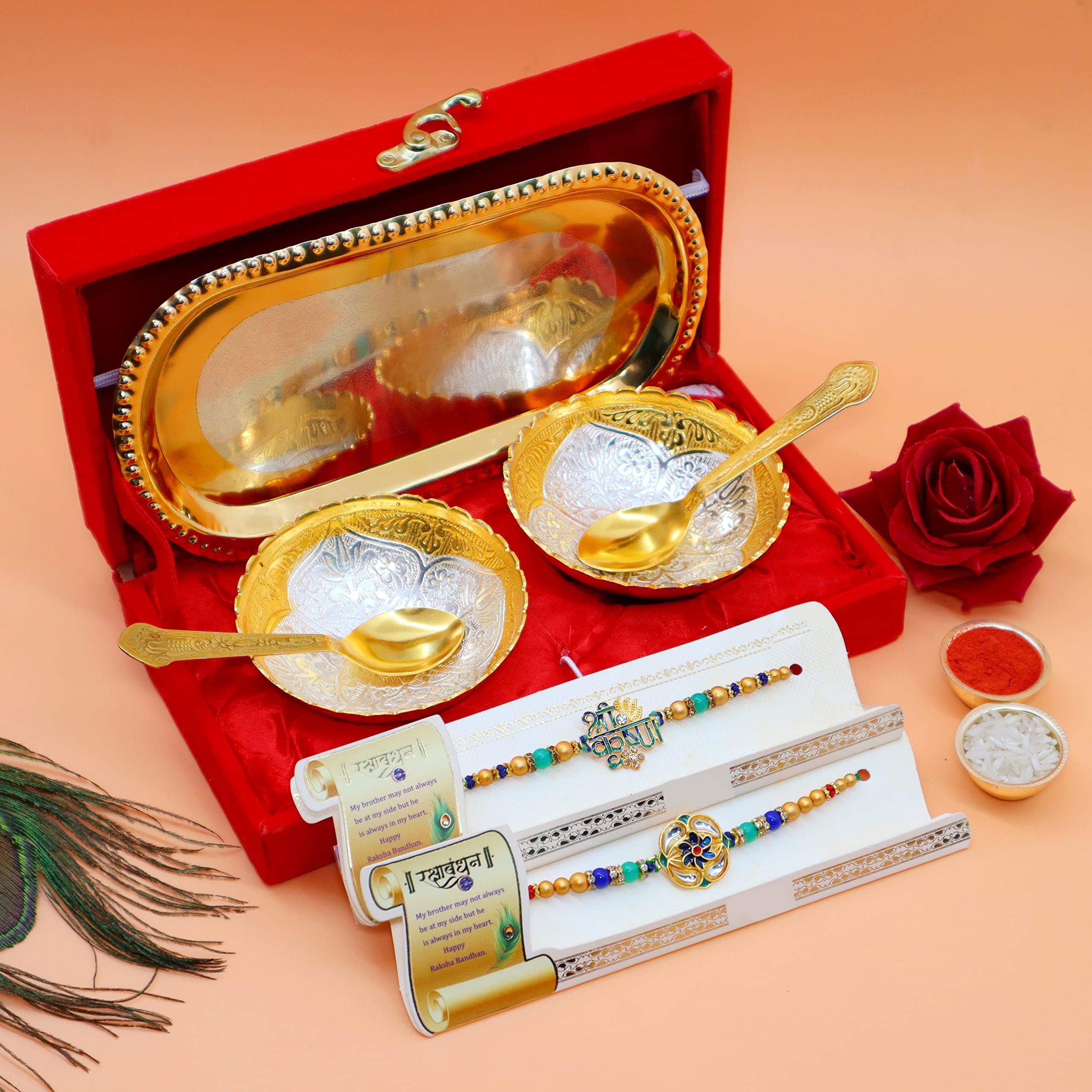 JAIPUR ACE Rakhi Combo Set with German Silver & Gold Plated Bowls | Stylish Rakshabandhan Gift for Brother, Bhaiya, Bhai | Perfect Way to Express Love & Gratitude