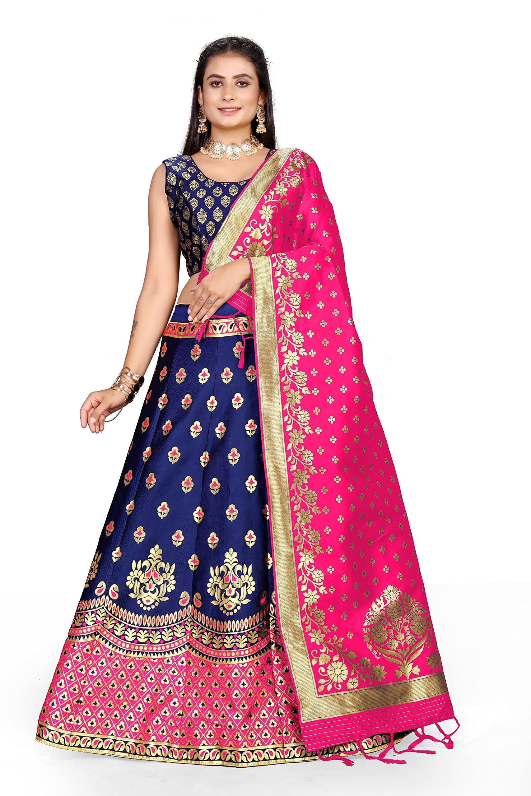 SHAVIDR ENTERPRISE-LAHER Girl's Casual Wear Heavy Banarsi Jacquard Soft Silk Bridal Semi-Stitched Lehanga Choli With Dupatta Set.