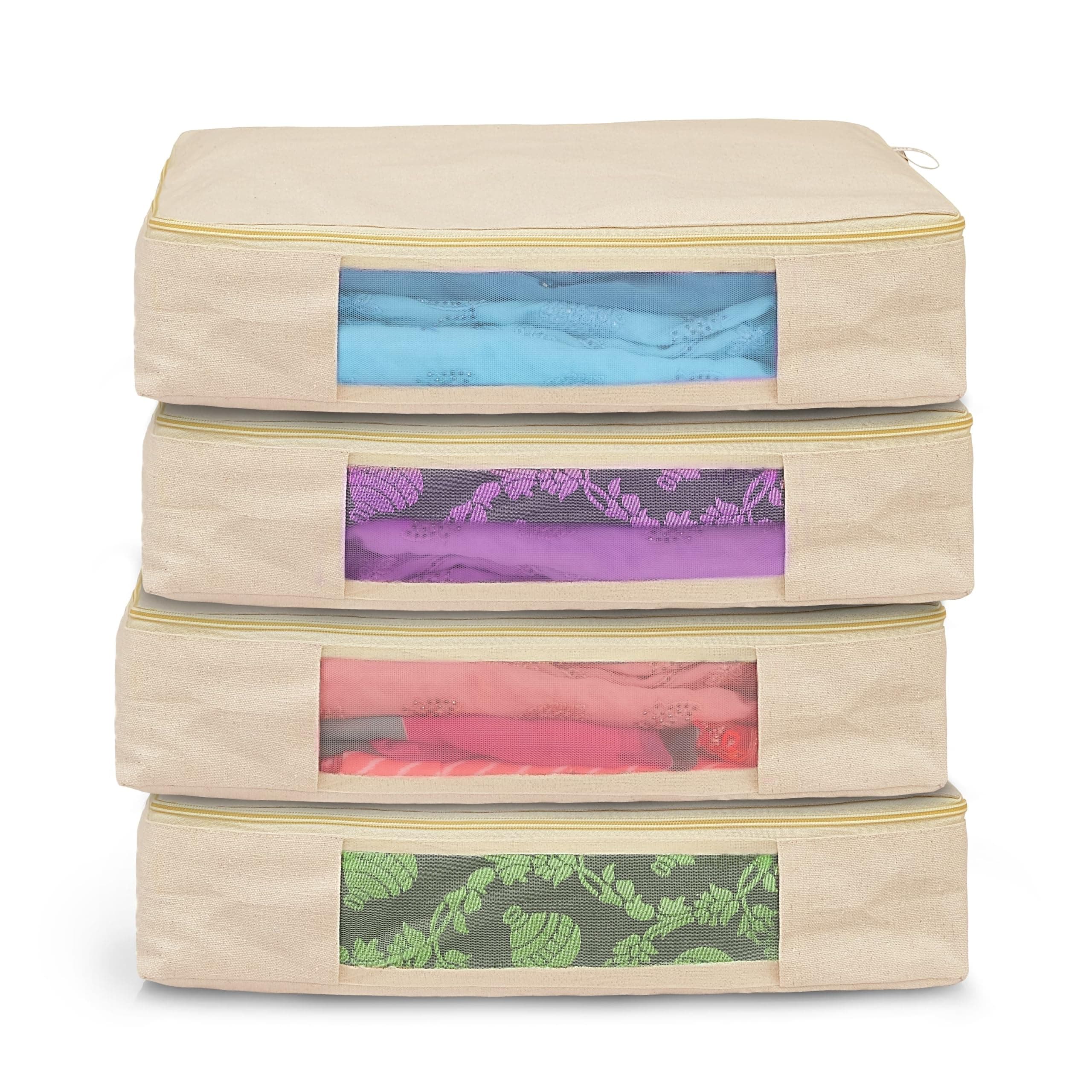 SOLSTICE Cotton Canvas Clothes Storage Bags/Saree Covers with Zip for Storage Specially Design for Woman Dresses, Sarees, Lehengas for Wardrobe Organizer (16 x 13 x 3 Inch)- Pack of 4