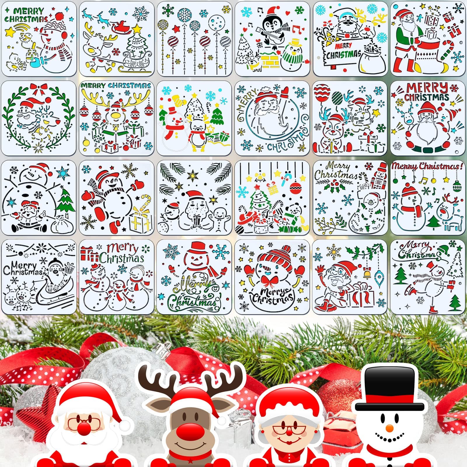 24 Pieces Reusable Xmas Painting Stencils 5.1 x 5.1 Inch Christmas Tracing Templates Winter Style Plastic Stencils PET Drawing Templates Snowman Painting Stencils for DIY Floor Wall Fabric Tile Decors