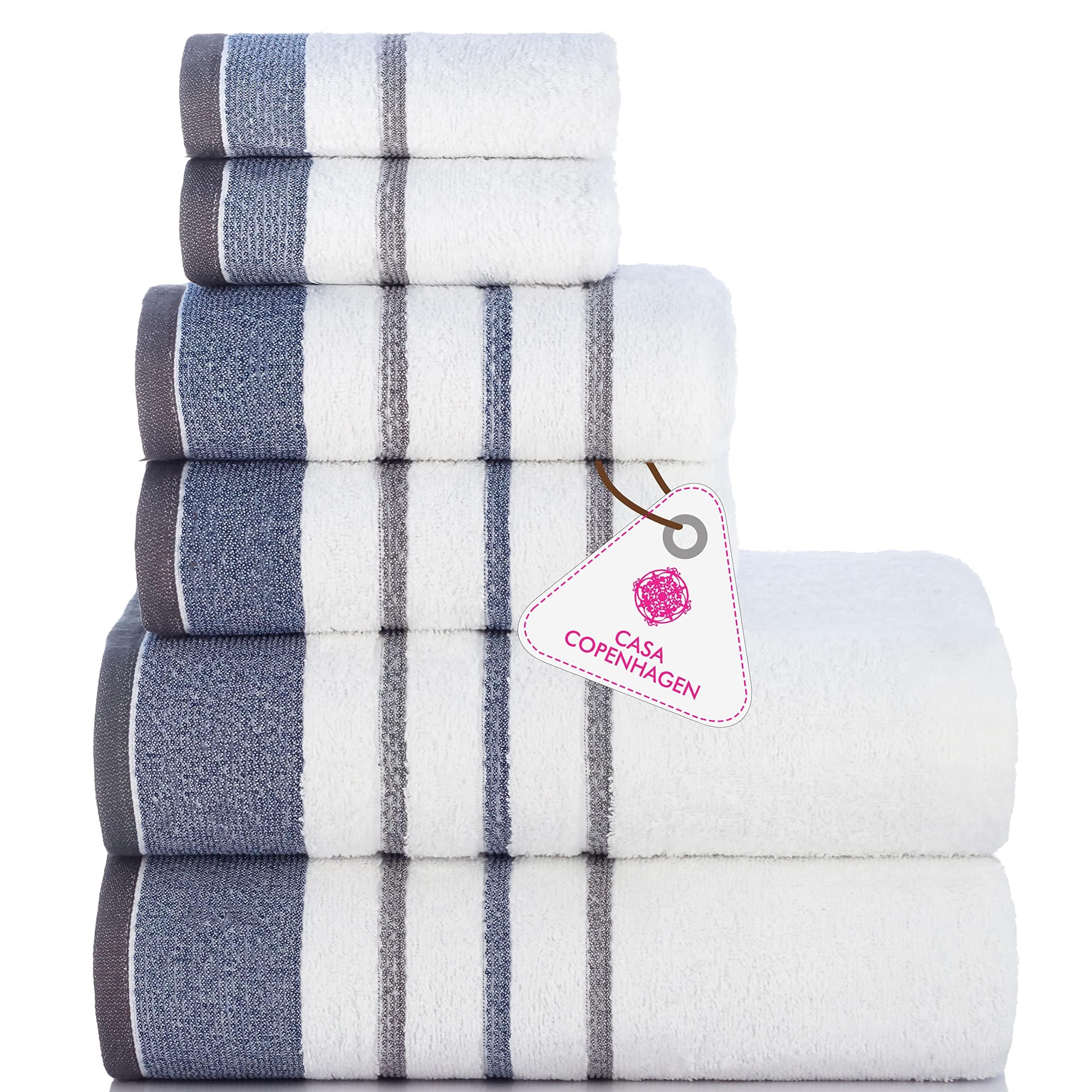 Casa Copenhagen - Egyptian Cotton White Bay Collection 6 Pieces Towel Set Including 2 Bath Towel, 2 Hand Towel, 2 Face Towel - Dark Grey/Blue