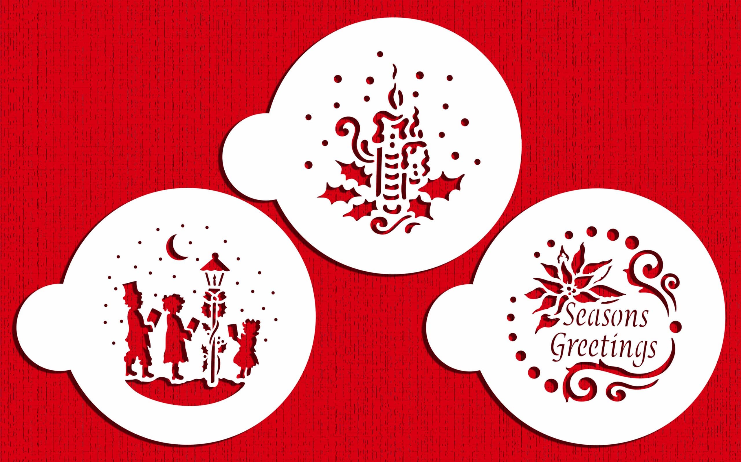Designer Stencils C463 Seasons Greeting Cookies Stencils, (Seasons Greetings - Carolers - Candle and Holly), Beige/semi-transparent
