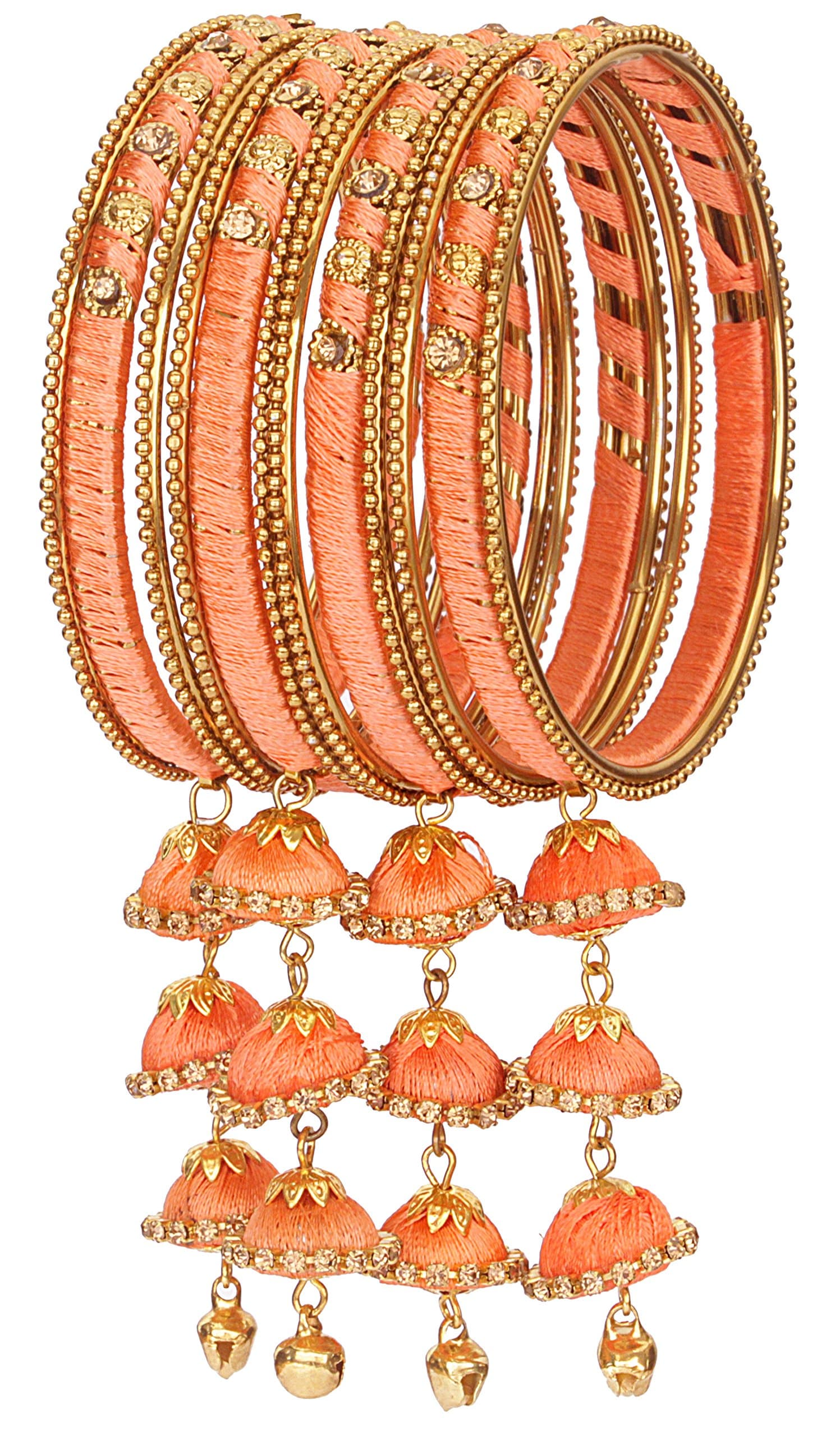 NMII Metal & Silk Thread Jhumka Zircon Latkan Stylish Bangles Set For Women's and Girls | Women's Fancy Latkan Bangles Set | Ethnic Fashion Jewellery- Set of 12 Bangle, (G405_Peach-2.6)
