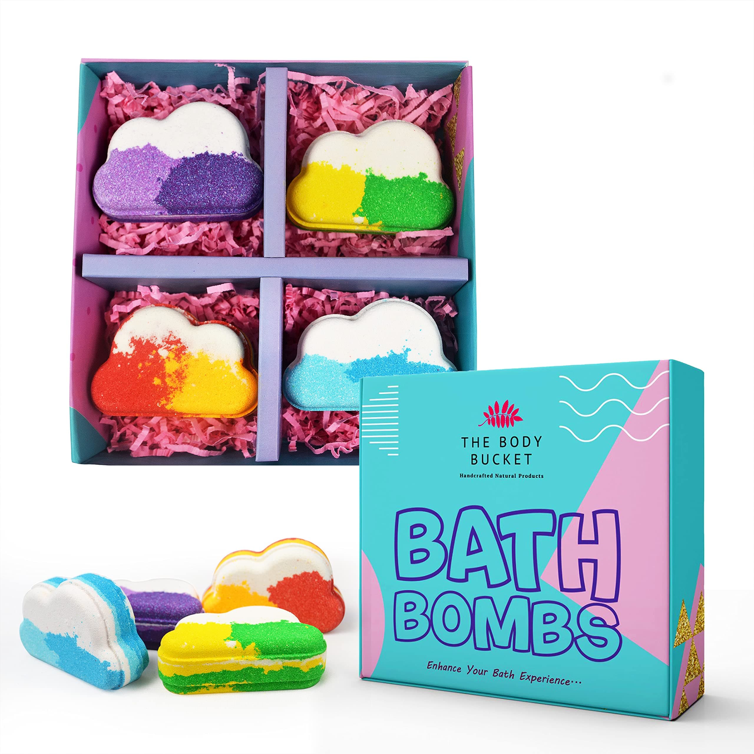 The Body Bucket Cloud Bath Bombs With Aqua, Lemon, Orange And Lavender Fragrance - All Natural Handcrafted Aromatherapy - Perfect Bath Gift For Kids, Men & Women 60 Gm Each (Pack Of 4).