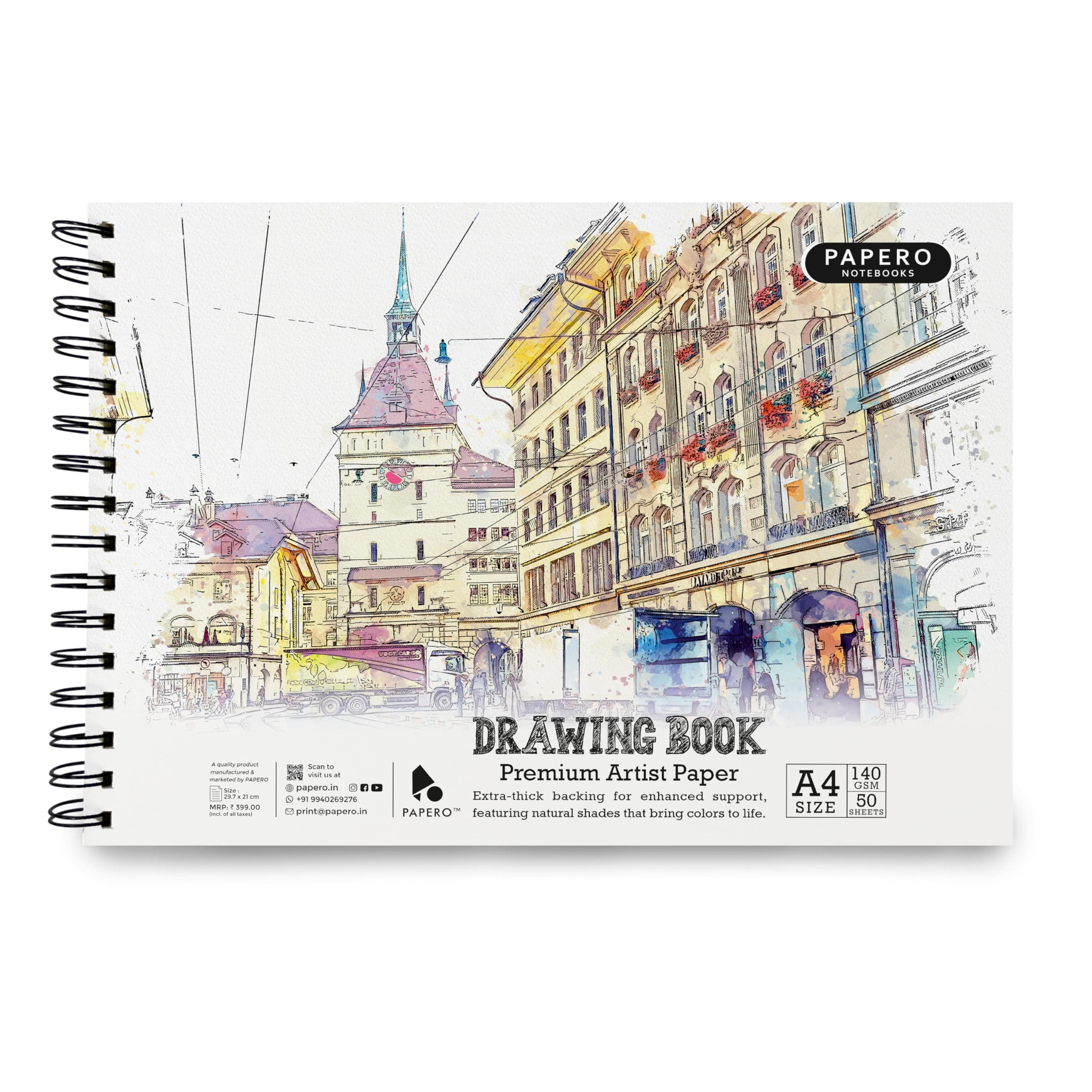 PaperO Artist Drawing Book A4 | Acid-Free Cartridge Paper 140GSM (50 Sheets, 100 Pages) | Spiral-Bound Sketchpad for Artists & Professionals for Marker Colored Pencil Charcoal Pastel (Style 3)