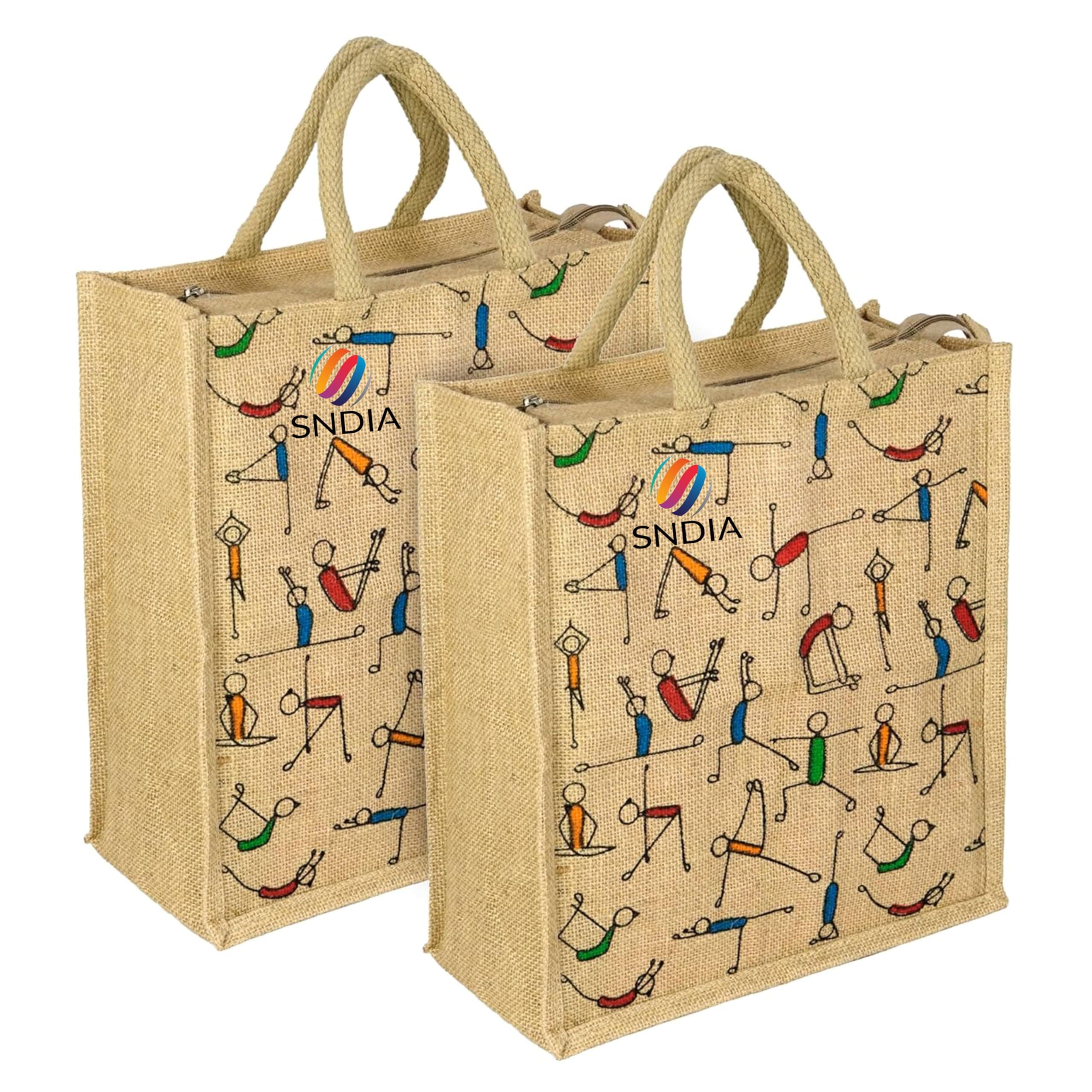 SNDIA Pack of 2 Eco Friendly Reusable Yoga Printed Jute Bag