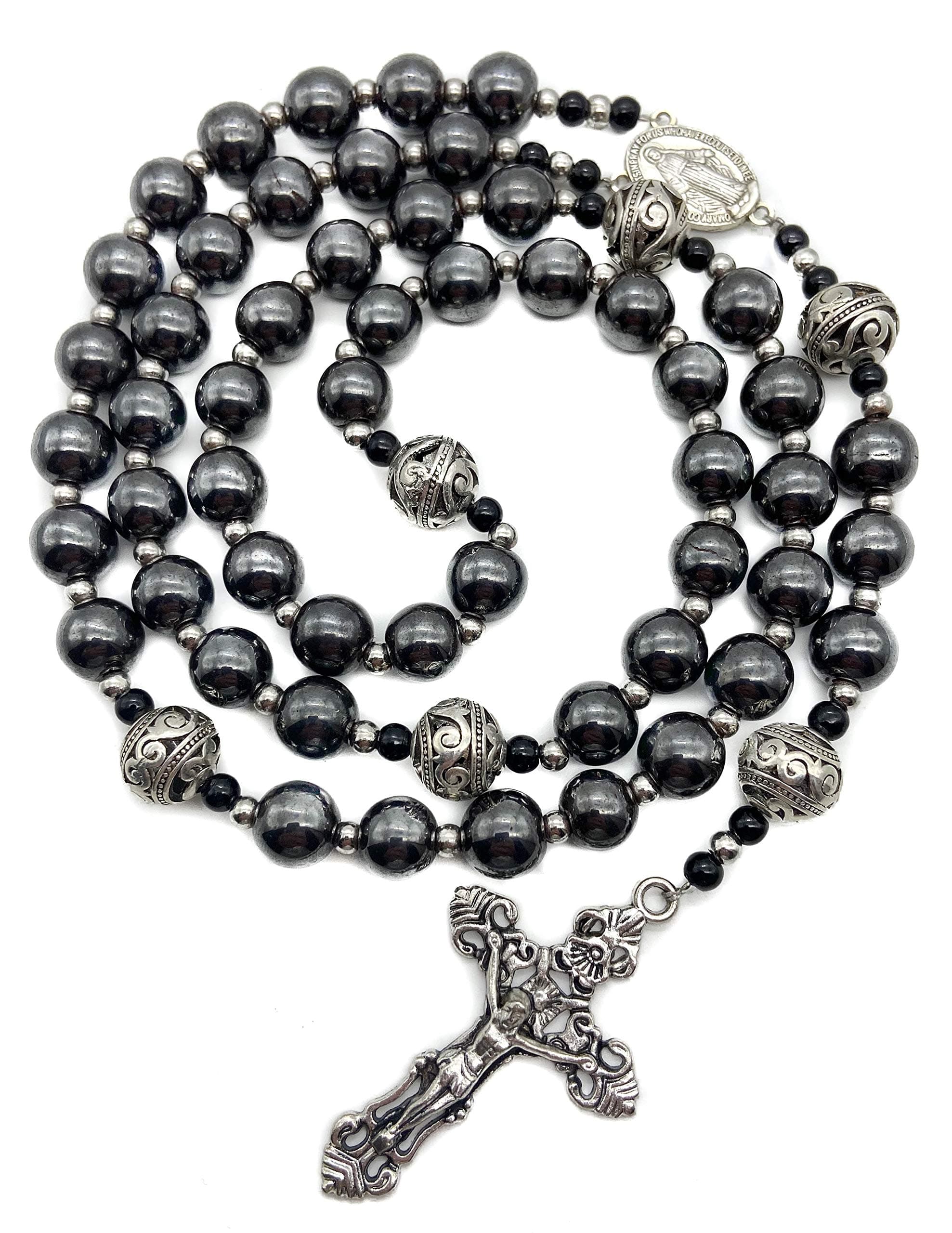 Hematite Rosary Black Stone Beads Necklace Metal Beaded Miraculous Medal & Cross Rosary For Men and Womens NS, Large, Metal, Hematite