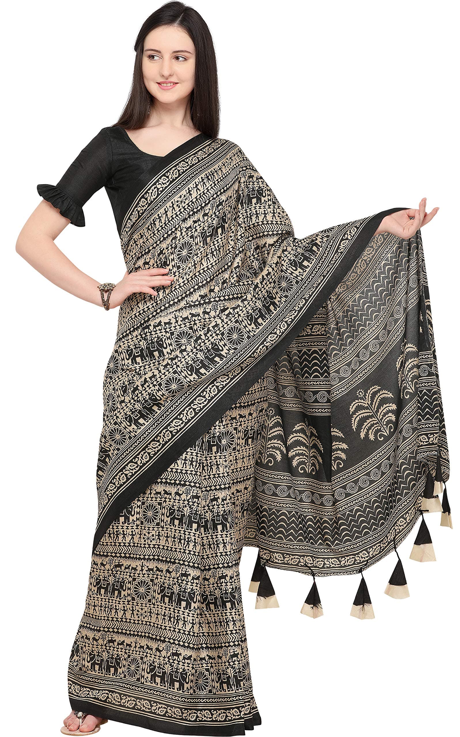 EthnicJunction Women's Silk Cotton Kalamkari Print Saree With Blouse Piece (EJ1201-16001-Black)