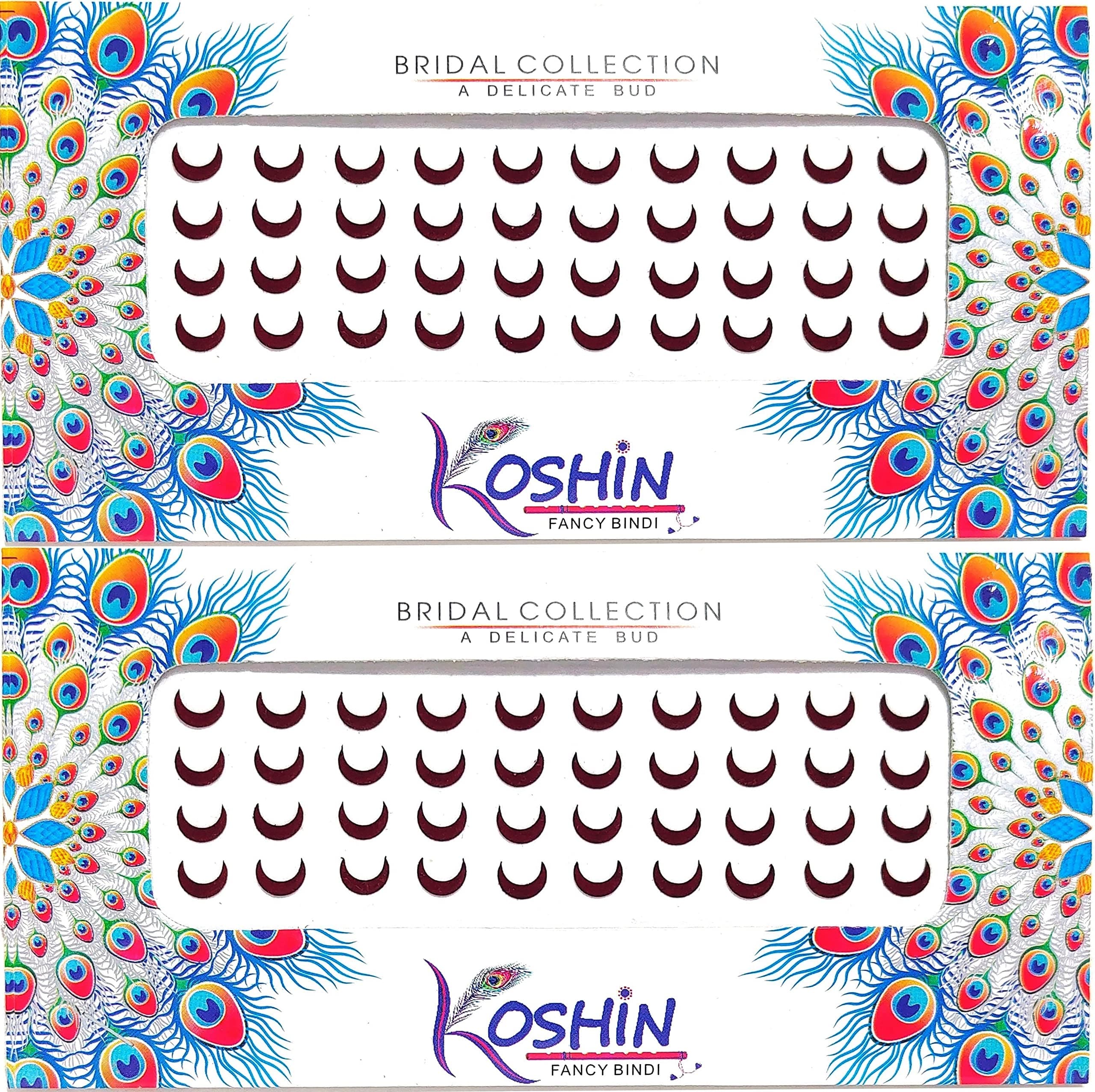 KOSHIN Dark Maroon Half Moon Shape Large Size Forehead Bindi for Girls Women Ladies - Height 7 mm x Width 8 mm | Velvet Kumkum Self Adhesive | Chandrakor | Crescent | Chand | Combo Pack 2