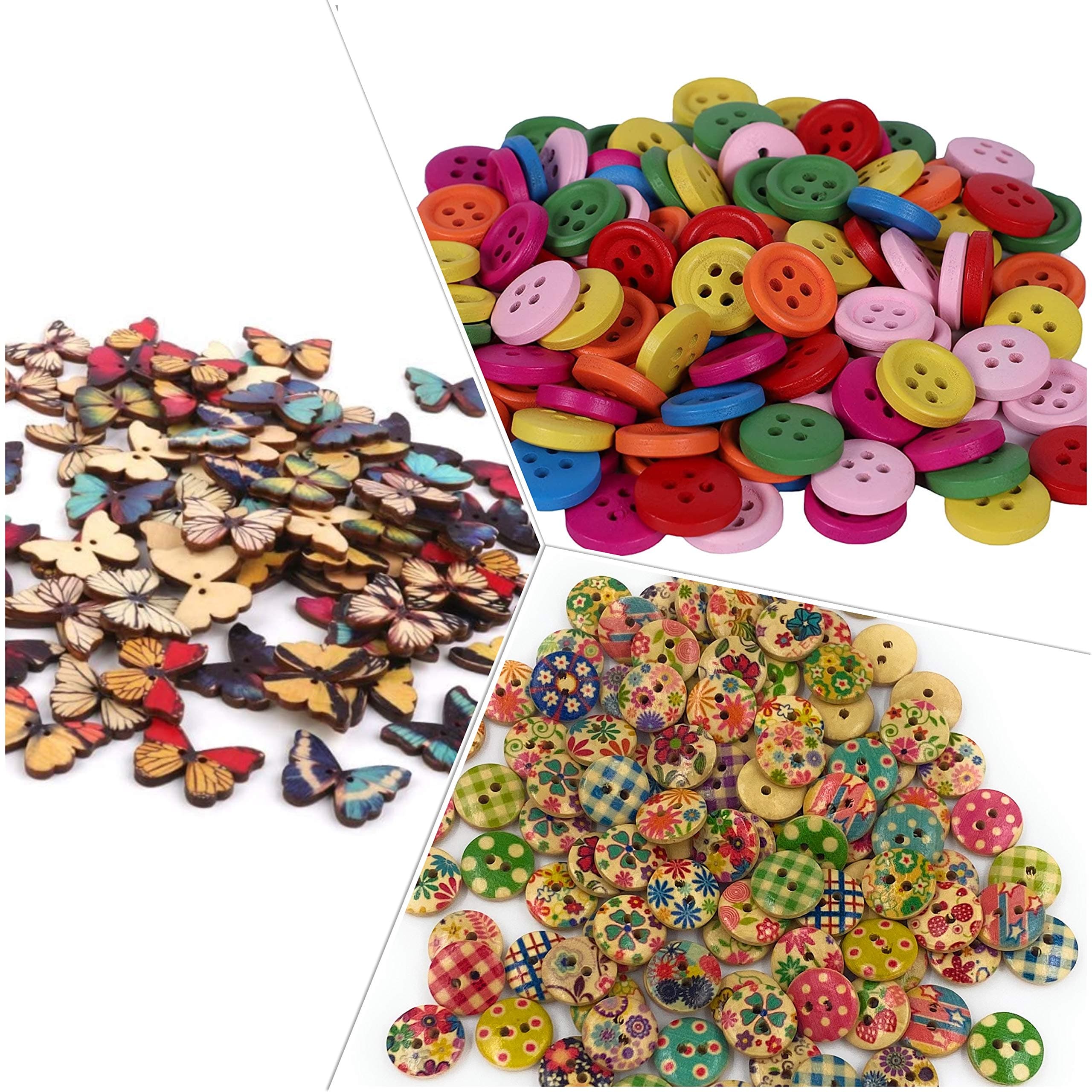My Box 150 pcs Wooden Button Combo Used in Sewing, Scrap Booking, Art & Craft, Decorations Combo Pack Includes 50 Butterfly Button, 50 Printed Button and 50 Multicolour Button