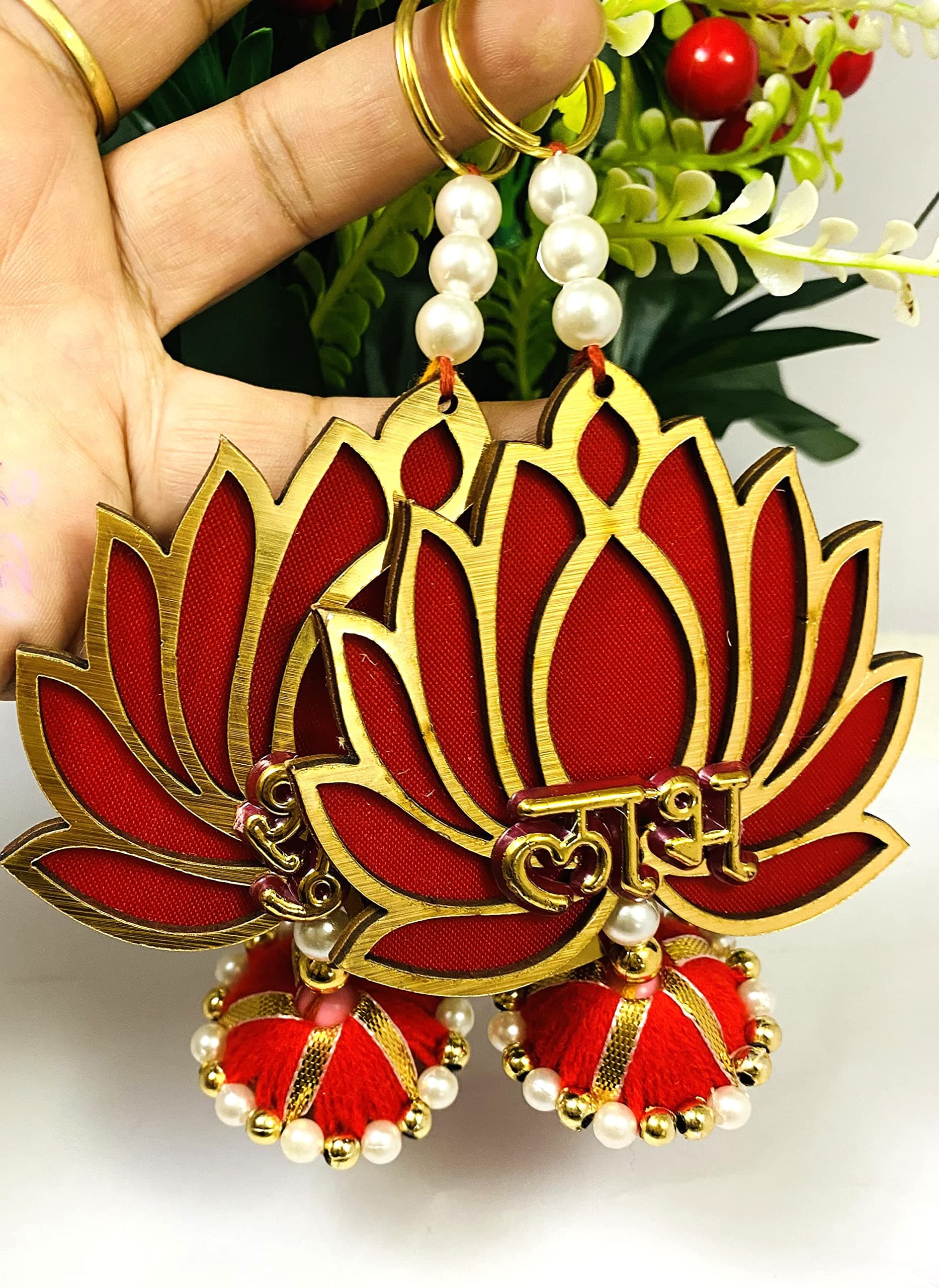 Evisha 2 Pcs Lotus Shape Subh Laabh Wooden Door Hanging Toran Bandhanwar for Diwali Decoration Home Decor Festive Decoration, One Pair, Ganesh Design