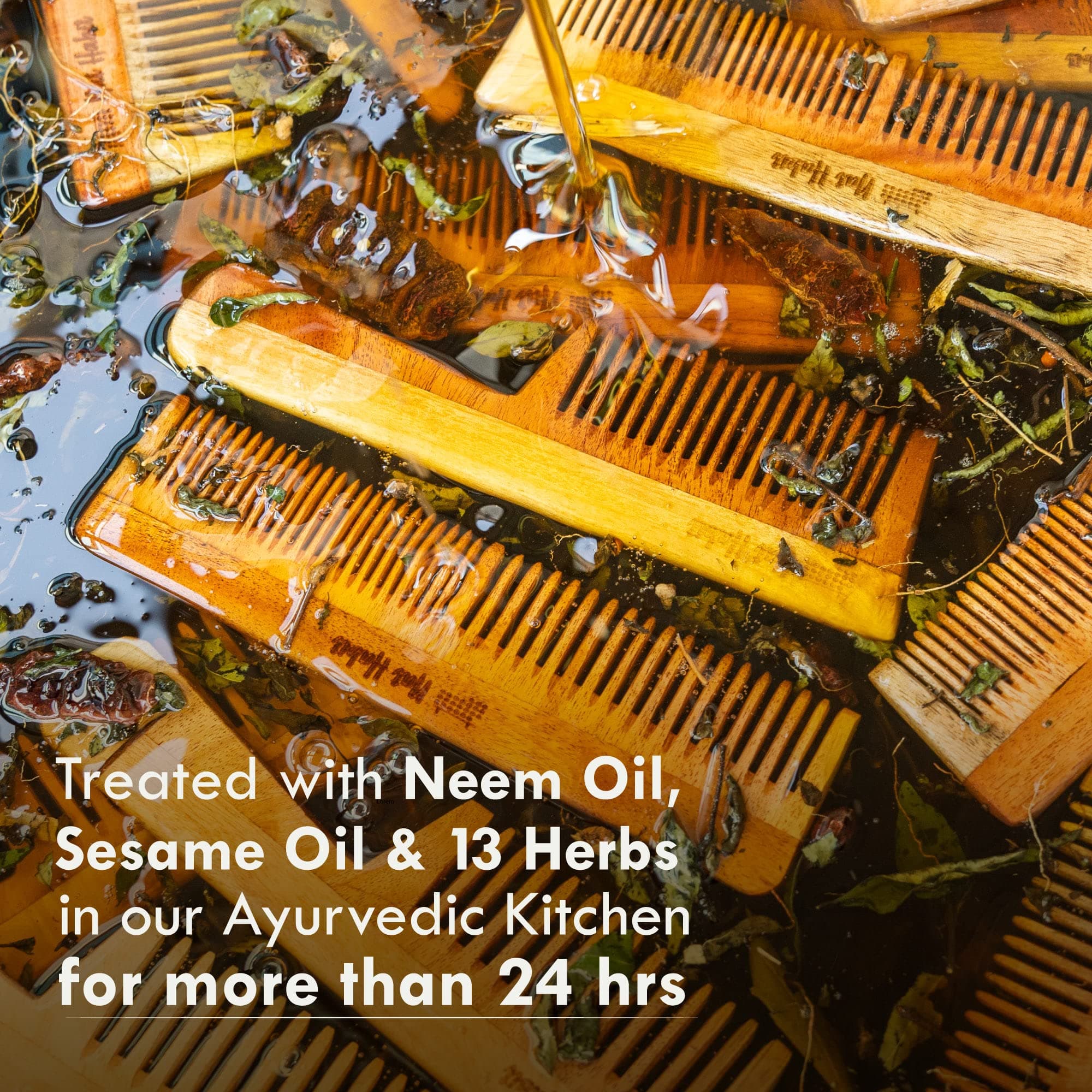 Nat Habit Kacchi Neem Wooden Comb, Soaked In 13 Herbs, Neem & Sesame Oil For Men & Women Daily Styling & Detangling (Fine Tooth Large Size) Pack of 1