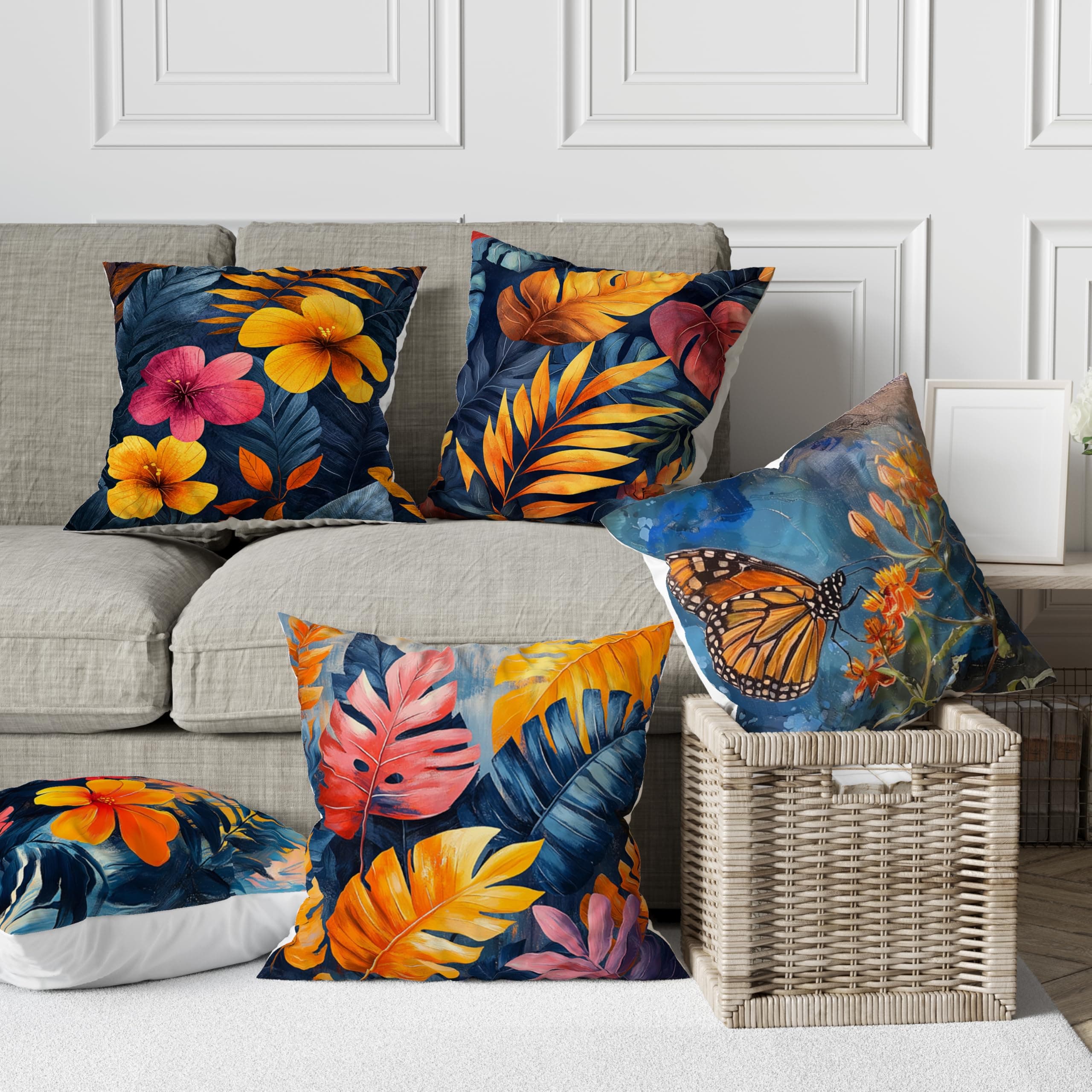 SCPmarts 16x16 Inch Cushion Covers | Set of 5 Decorative Pillow Covers for Sofa, Bedroom, Living Room | Soft Fabric with Hidden Zipper | Abstract Printed Designs | Machine Washable (Design 25)