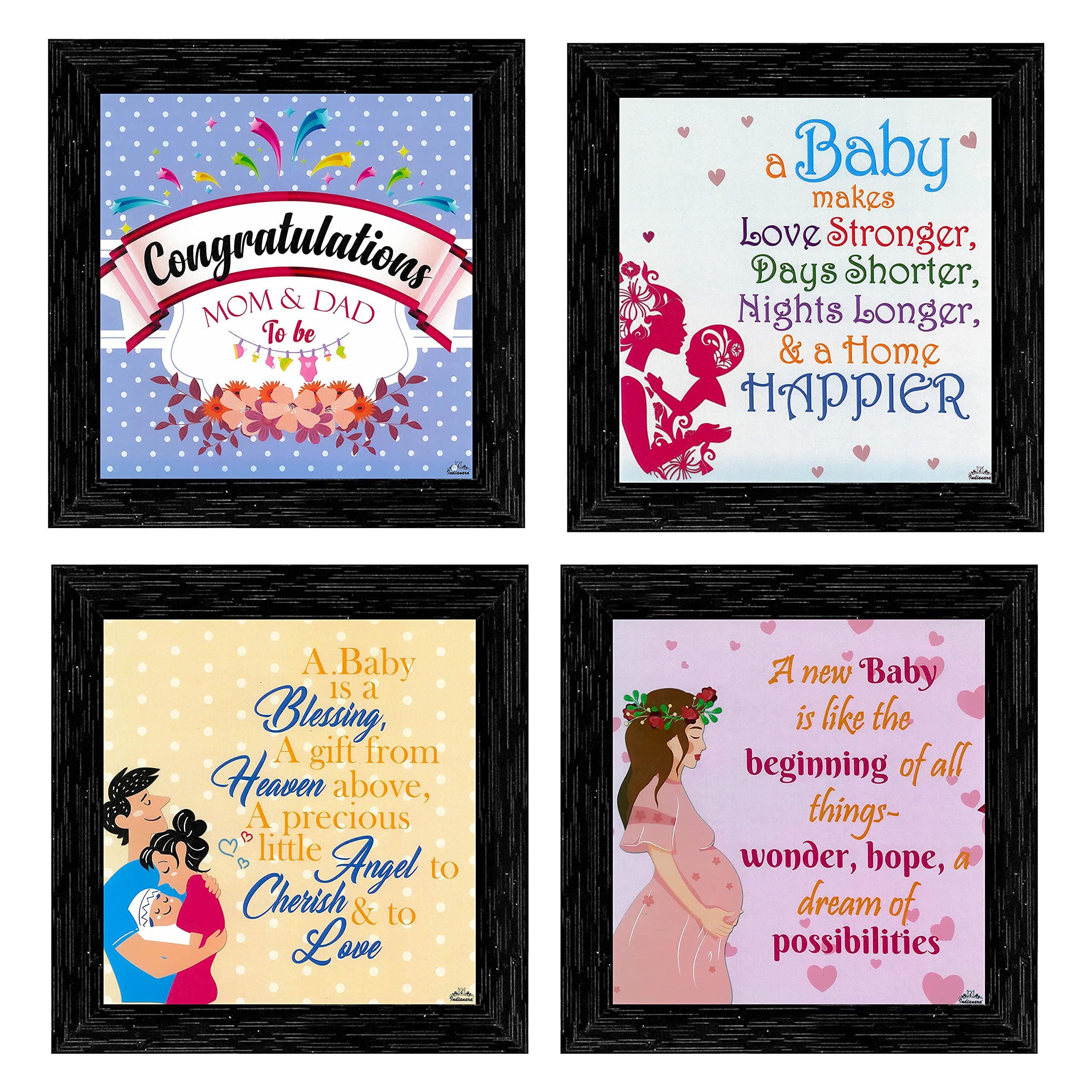 Indianara 4 Piece Set of Framed Wall Hanging Baby Shower Decor Art Prints (1195) 8.7 inch X 8.7 inch Without Glass