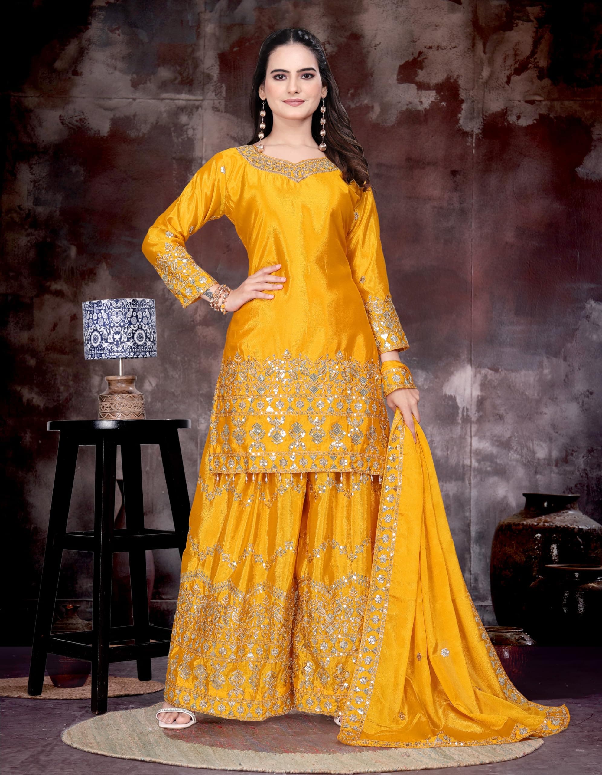 SHISHKALA Women’s Designer Heavy Embroidered Sharara Suit Set with Dupatta | Indian Traditional Party Kurta Palazzo Ethnic Dress for Wedding & Festive Season