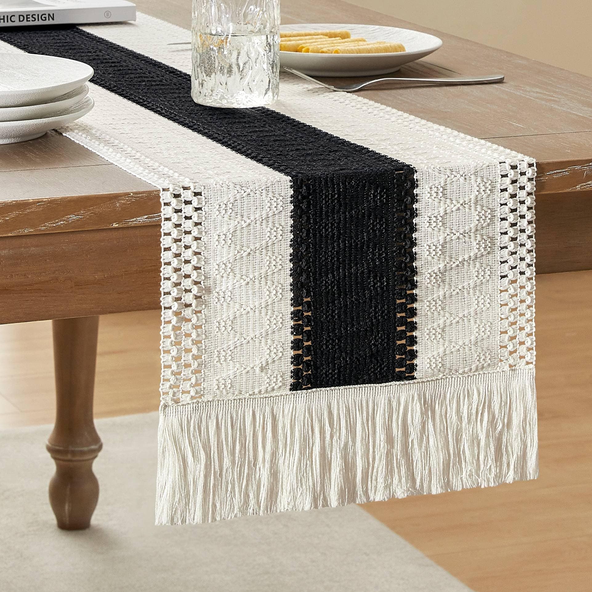 ZeeMart Macrame Style Bicolor Stitching Table Runner, 12 x 72 Inch Black/Ivory, Boho Black Table Runners 72 Inches Long, Farmhouse Woven Home Decor