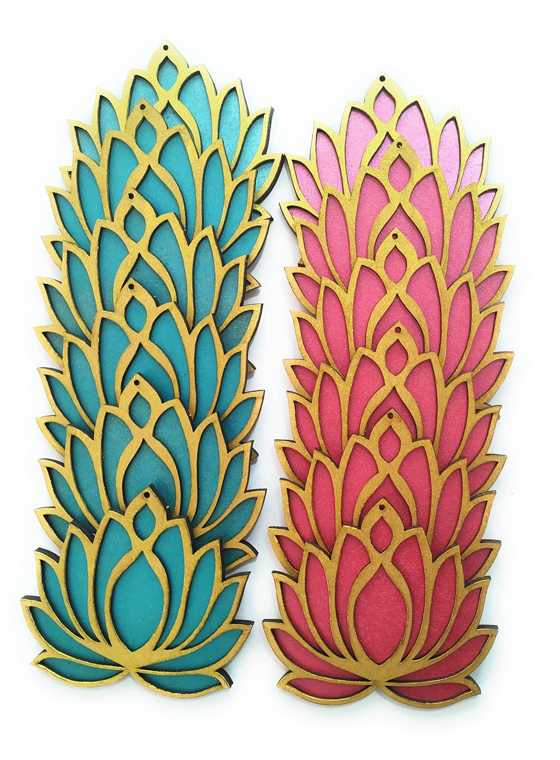 StepsToDo Set of 12 Golden Frame Lotus Flower Wooden Cutout. 6 with Rose Pink Base. 6 with Ocean Blue Base. Festive DIY Craft Material Kit. Decoration for Diwali, Dashera, Rangoli,Pooja, Wedding