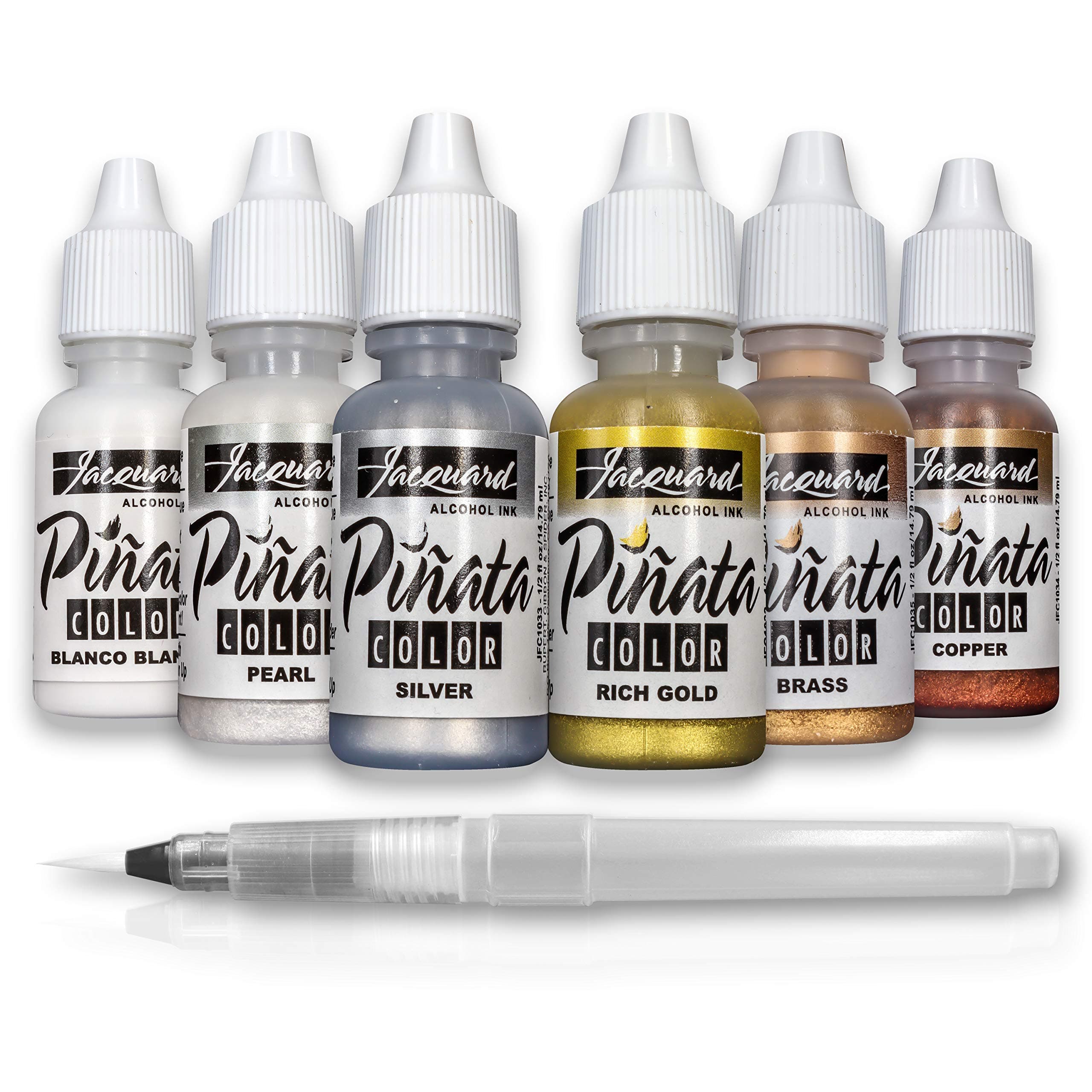 Jacquard Pinata Color | Alcohol Ink Metallic Colors Bundle | Silver | Copper | Pearl | Brass | Rich Gold | Blanco Blanco | Bundled with Moshify Blending Pen