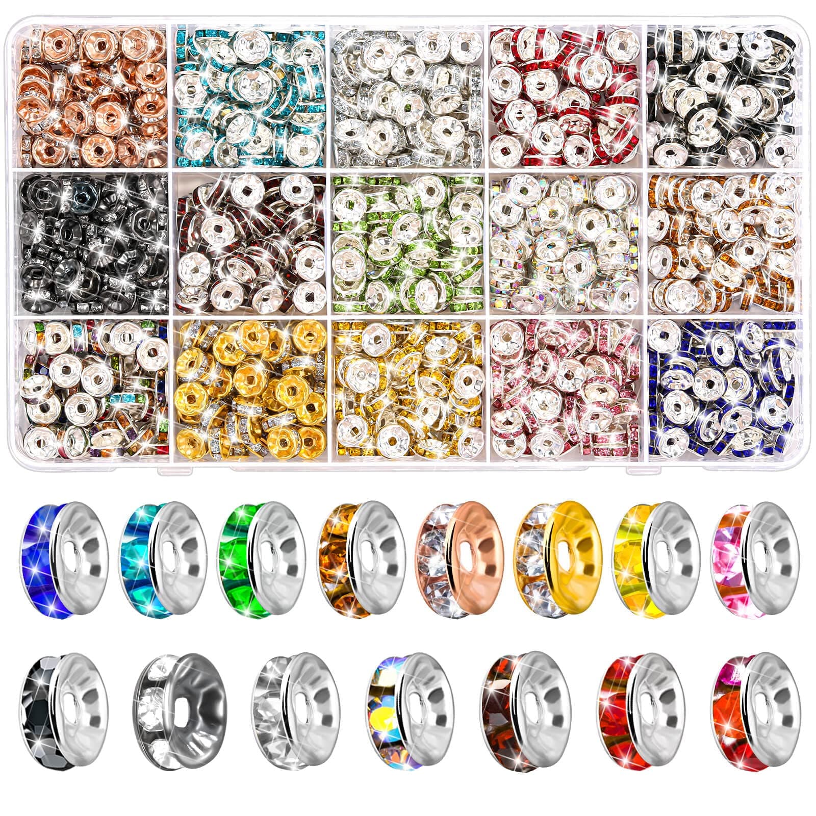 Shynek 900 Pieces 8mm Round Glass with Metallic Coating Rhinestone Spacer Beads for Jewelry Making, 15 Colors
