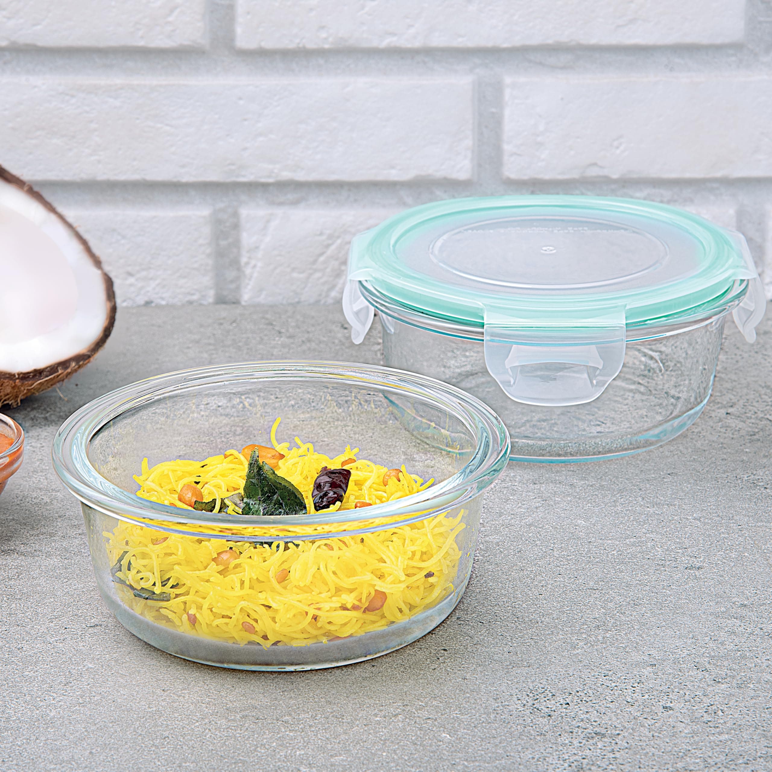 La Opala Cook Serve Store 100% Borosilicate Glass Storage Container | Clip N Store with Air-Tight Snap Lid | Round 400 ml | Microwave & Oven Proof | Dishwasher & Freezer Proof | Transparent