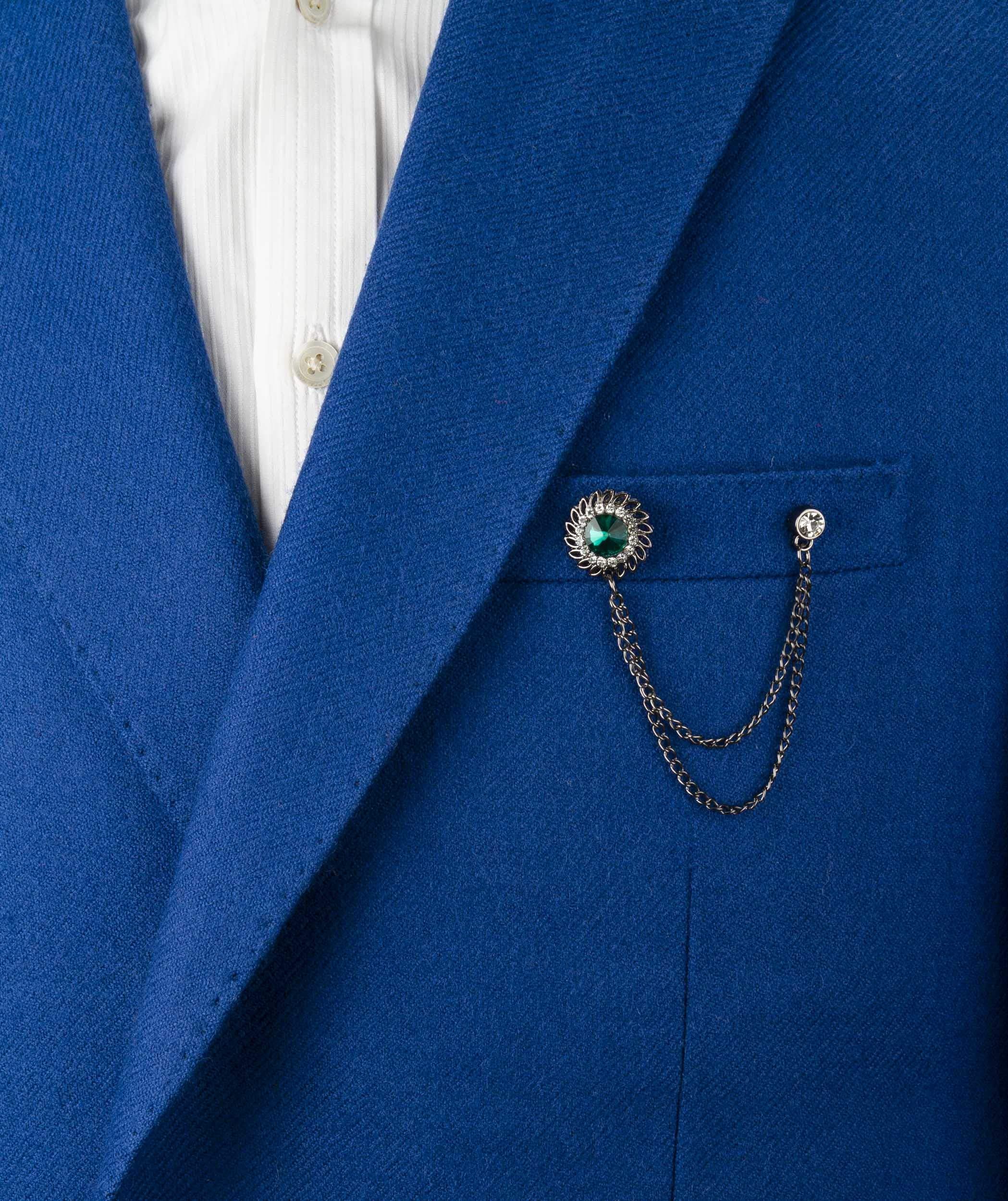 Knighthood Green Stone with Inspired Stone Detailing Hanging Chain Lapel Pin Suit Collar Accessories Brooch for Men
