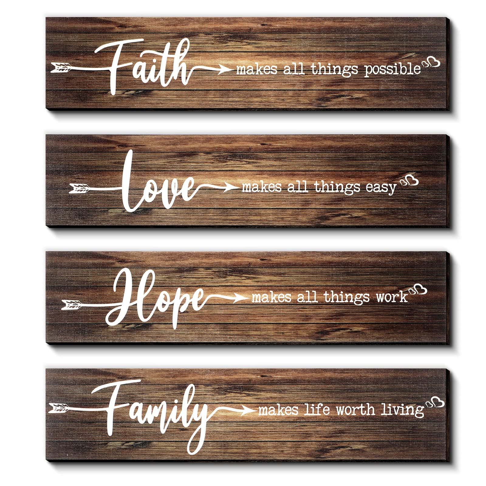 4 Pieces Rustic Wood Sign Wall Decor Faith Makes All Things Possible Quote Sign Rustic Love Hope Family Wood Sign Home Decoration for Home Office Wedding Kitchen, 13 x 3 x 0.2 Inch (Brown)