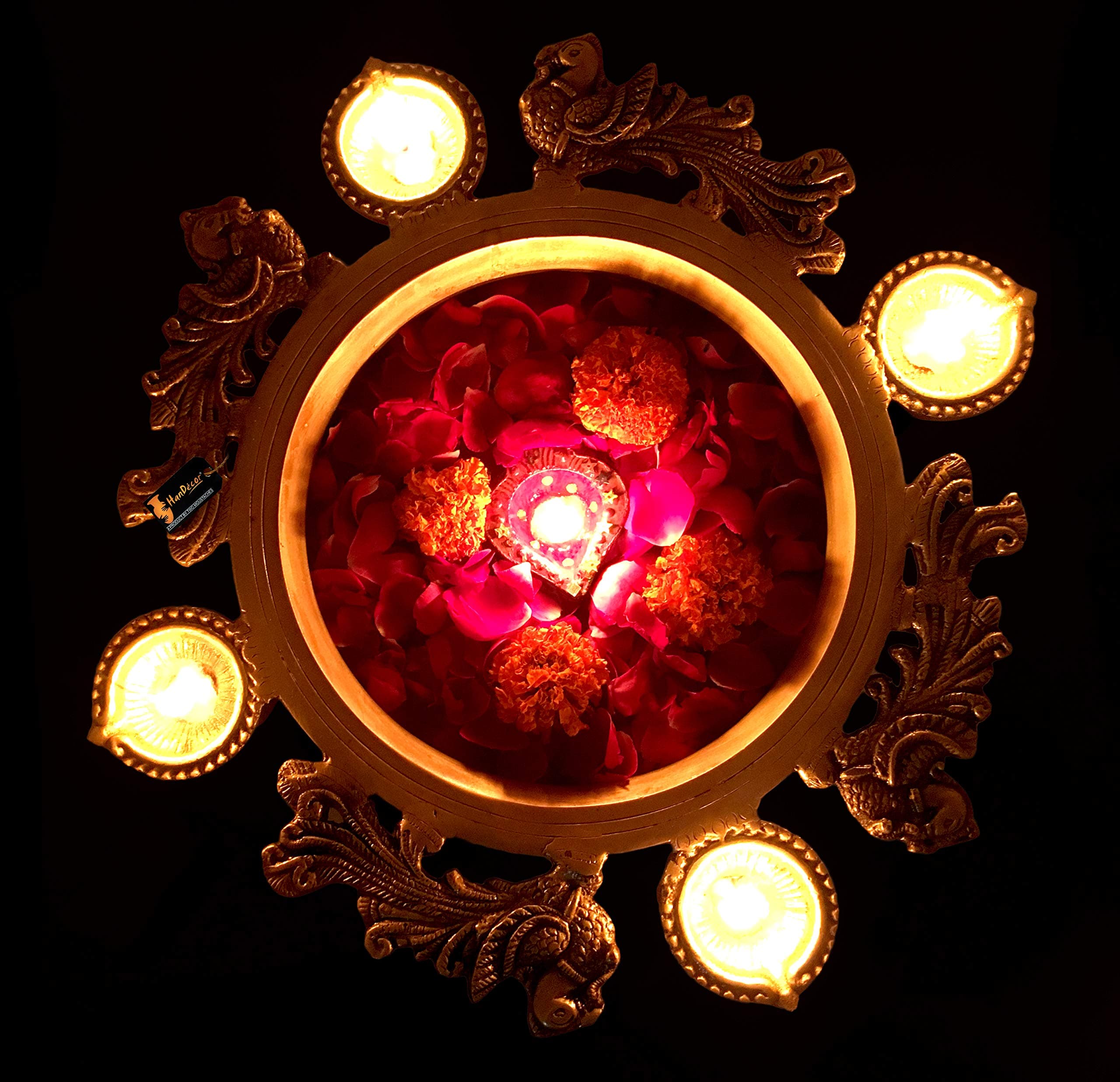 Two Moustaches Brass Peacock Design Urli with 4 Diyas (Yellow_13.5 Inch X 13.5 Inch X 6 Inch) (Model Number: TMP/2379)