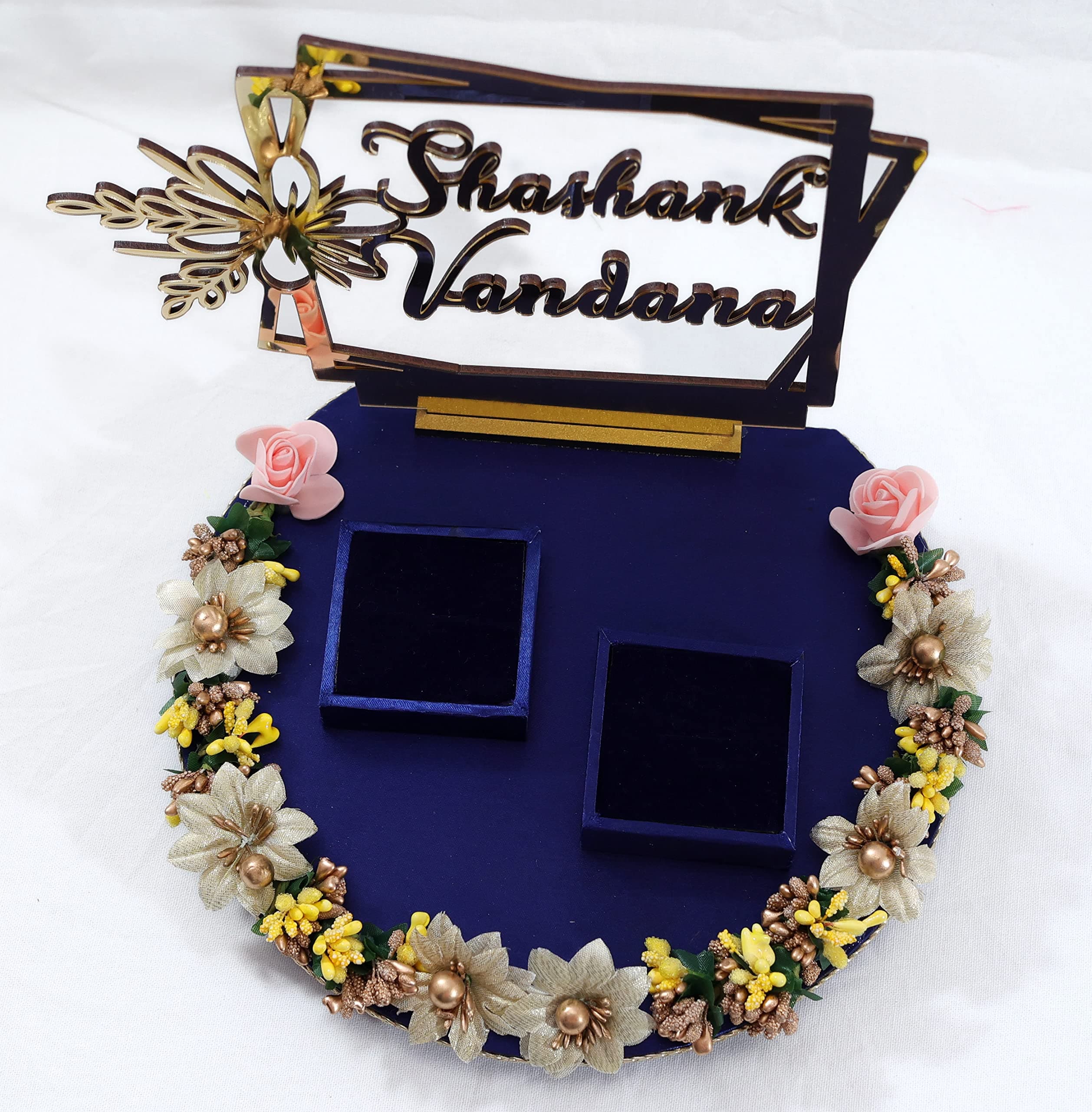 THE BRIDE MADE wood engagement ring platter with acrylic name Of groom and bride | Blue | wedding ring platter | decorative tray | marriage decor | Blue