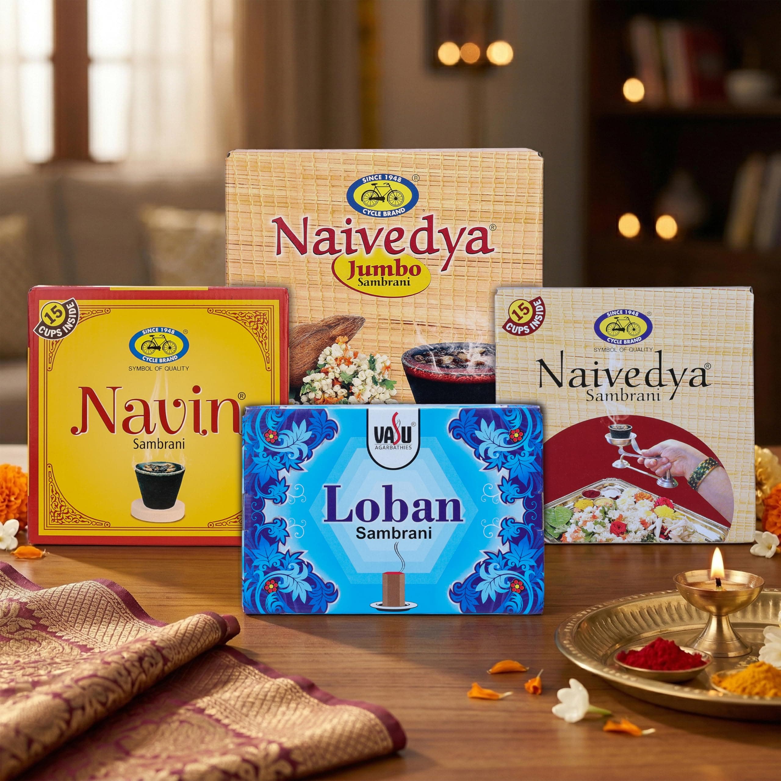 Cycle Pure Combo Pack of Naivedya,Naivedya Jumbo,Navin Sambrani Cup & Vasu Loban/Pack of 4 (104 Nos)/ Natural Guggul Fragrance Dhoop Cups/Havan Cups for Puja