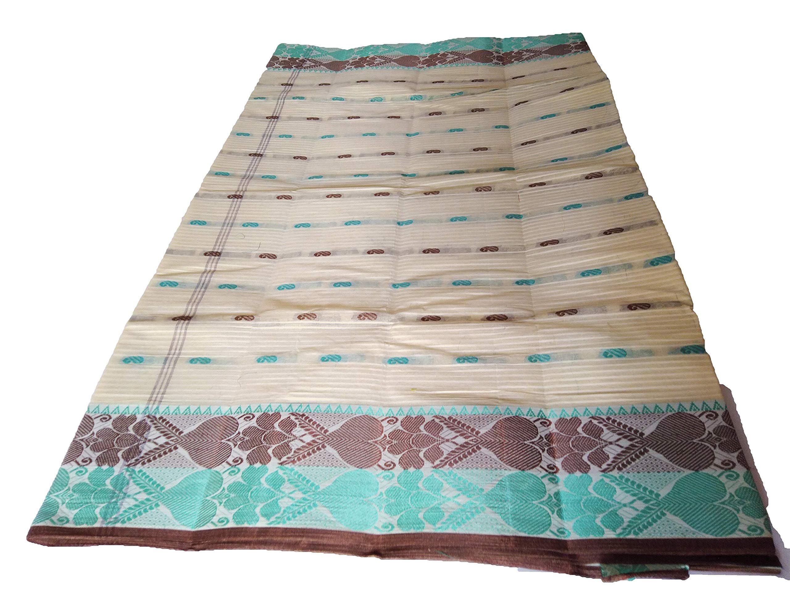 dB DESH BIDESH Women Pure Cotton Traditional Handloom Bengal Tant Saree Noyonchuri Design Without Blouse Piece (White Light Green Brown)