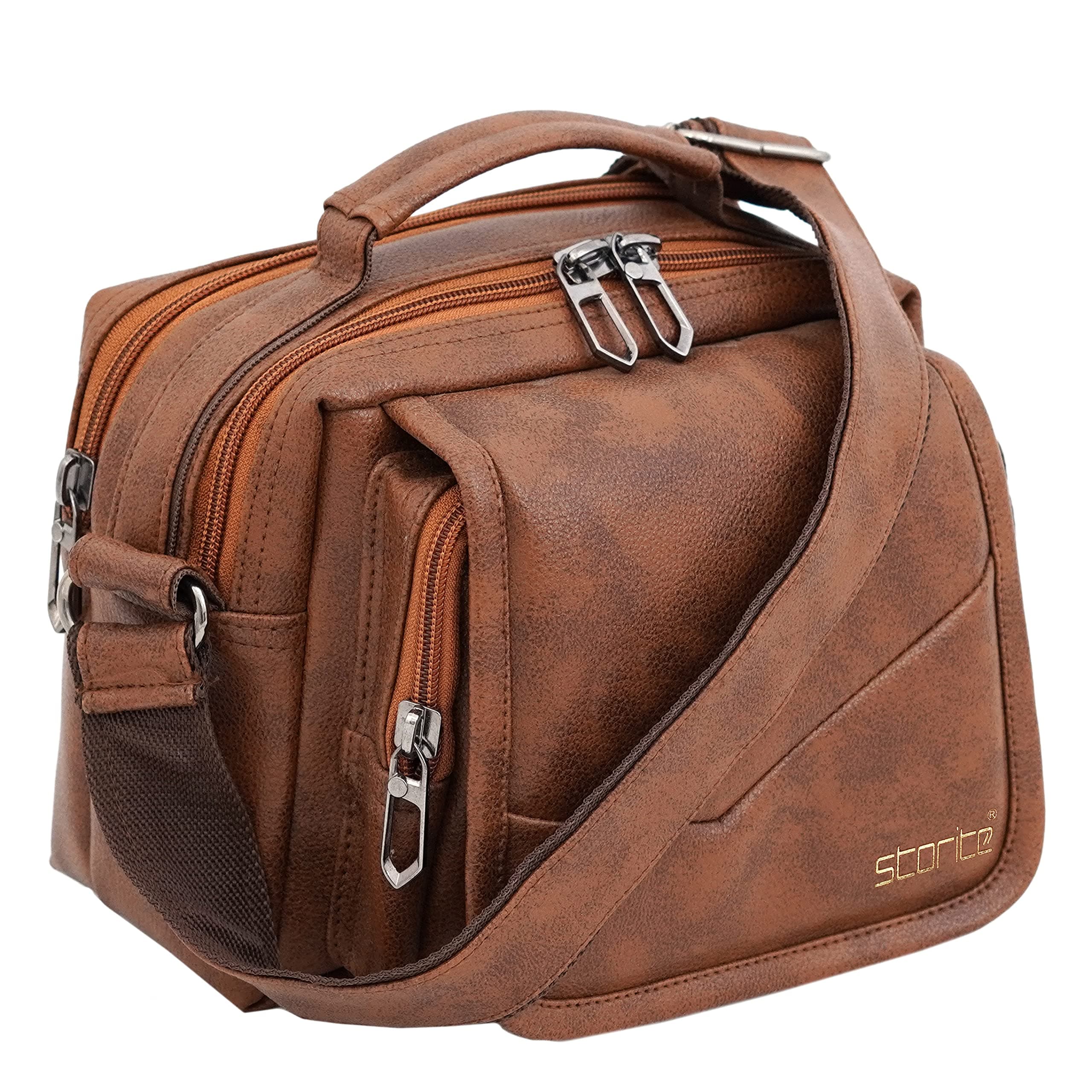 Storite PU Leather Crossbody Messenger Bag, Coffee Brown, 23x10.5x18 cm