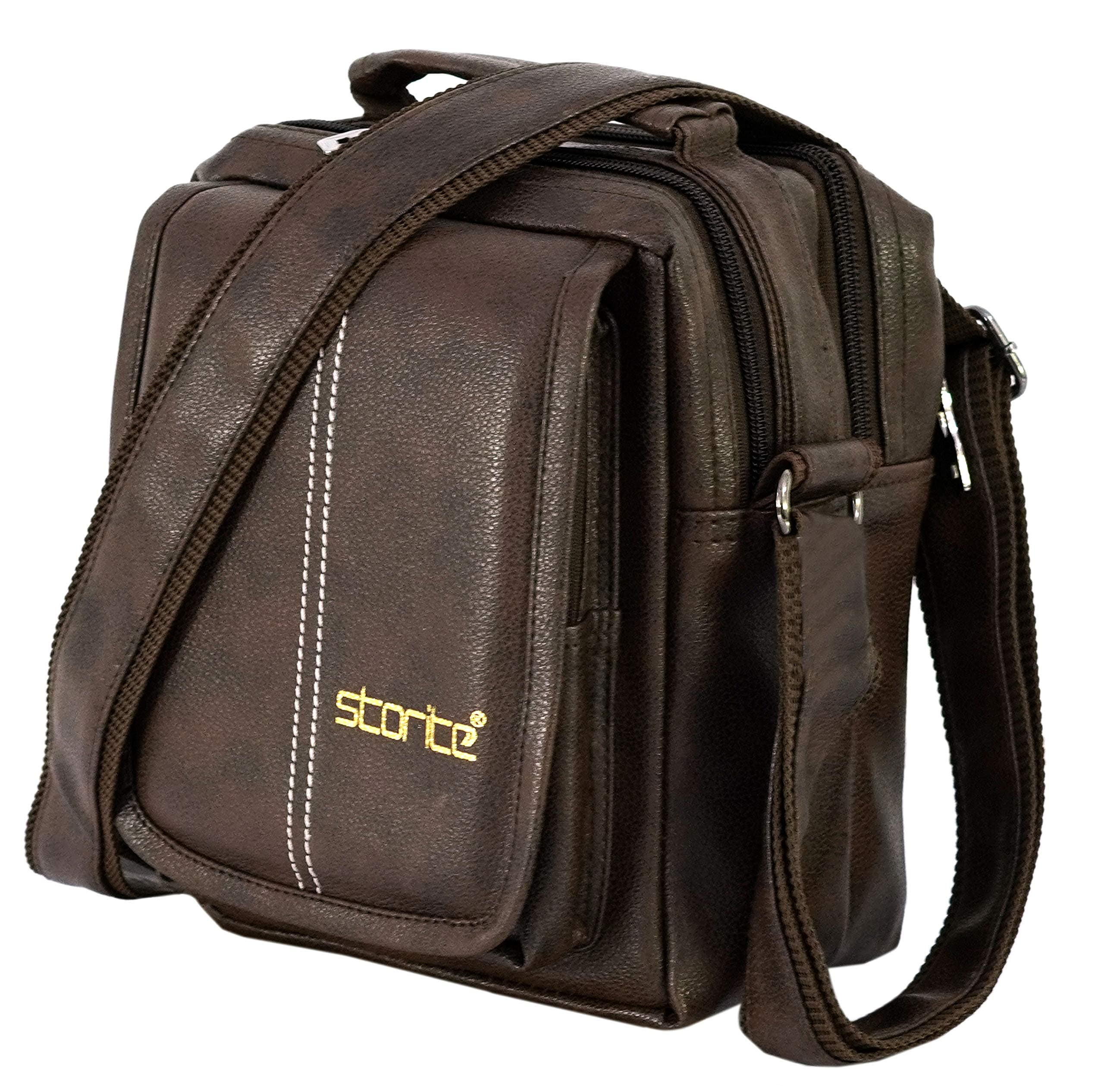 Storite 8 Inch Stylish PU Leather Multi-Pocket Sling Bag for Men & Women | Cross Body Travel Office Messenger One Side Shoulder Handbag with 4 Zipper Pockets | Brown | 20.5 x 9 x 16.5 cm