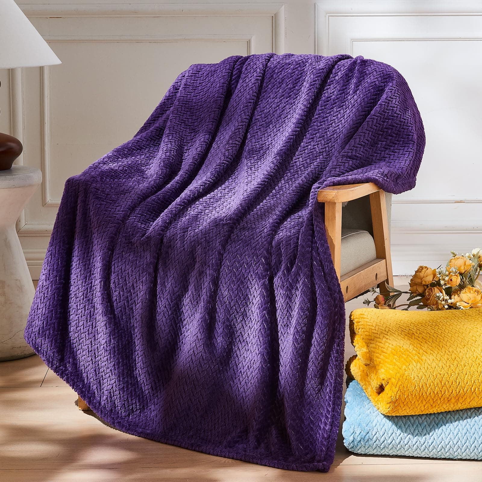 NEWCOSPLAY Super Soft Throw Blanket Premium Silky Flannel Fleece Leaves Pattern Lightweight Blanket All Season Use (Dark Purple, Throw(50"x60"))
