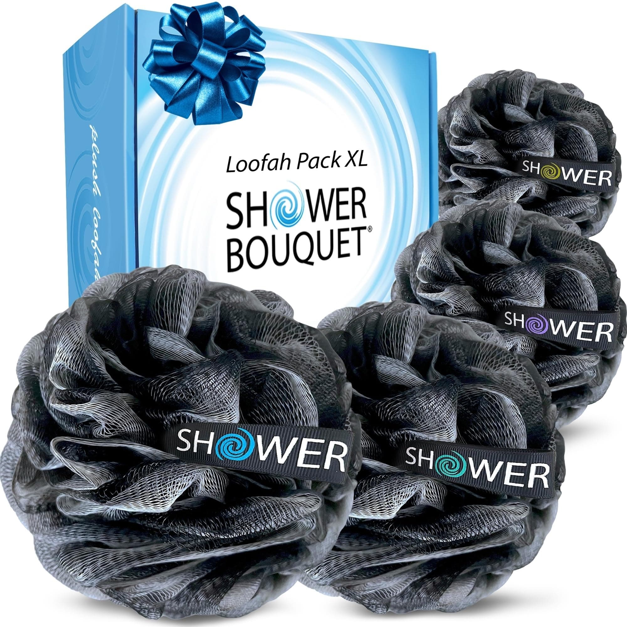 Loofah Charcoal Bath Sponge XL 75g Set by Shower Bouquet: 4 Pack, Extra Large Mesh Pouf Soft Scrubber for Men and Women - Exfoliate with Big Black & White Gentle Cleanse in Beauty Bathing Accessories