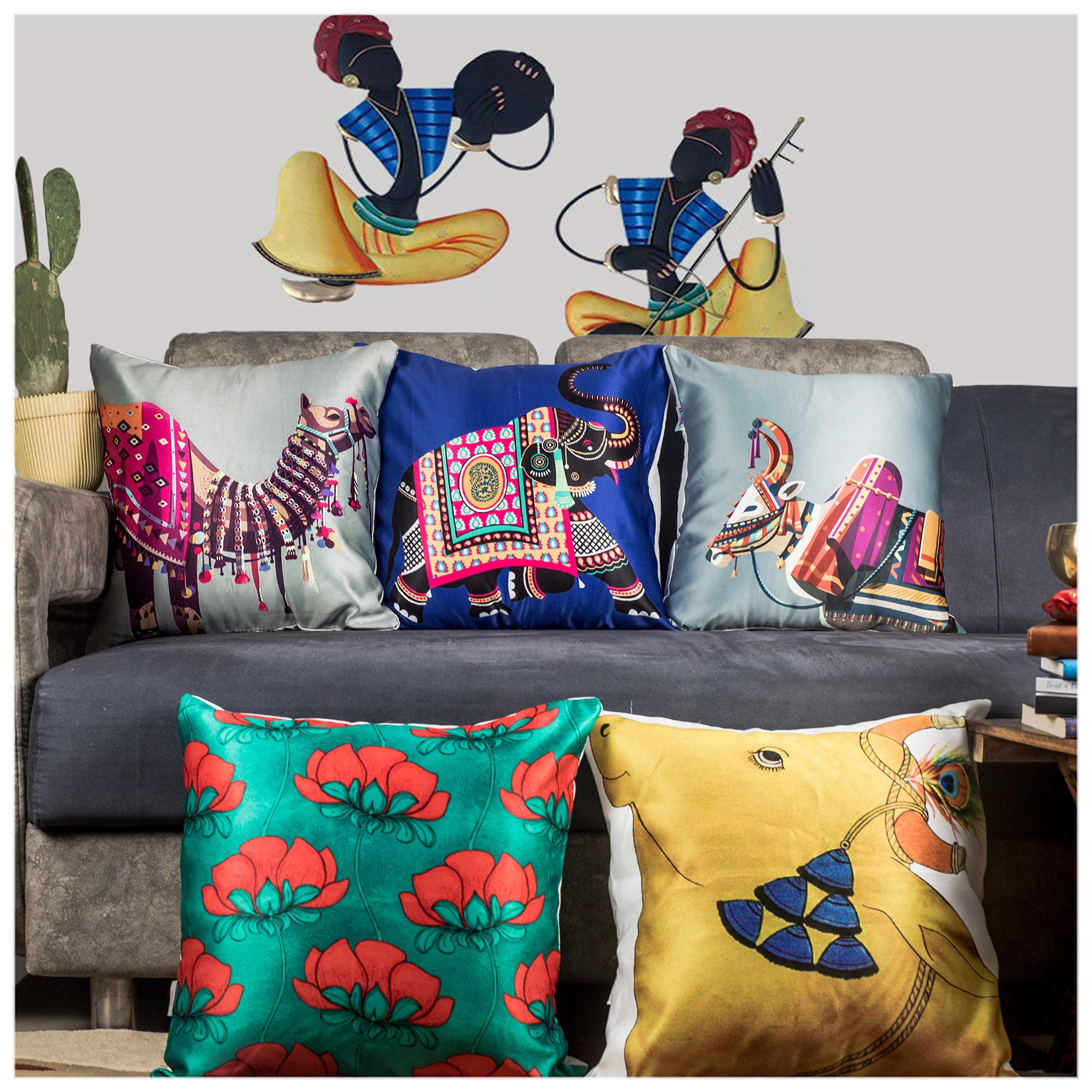 Vendola Lazy Lads Satin 250TC Decorative Cushion Pillow Covers, Multicolor, Set of 5(Rajasthani, 16x16 Inches)
