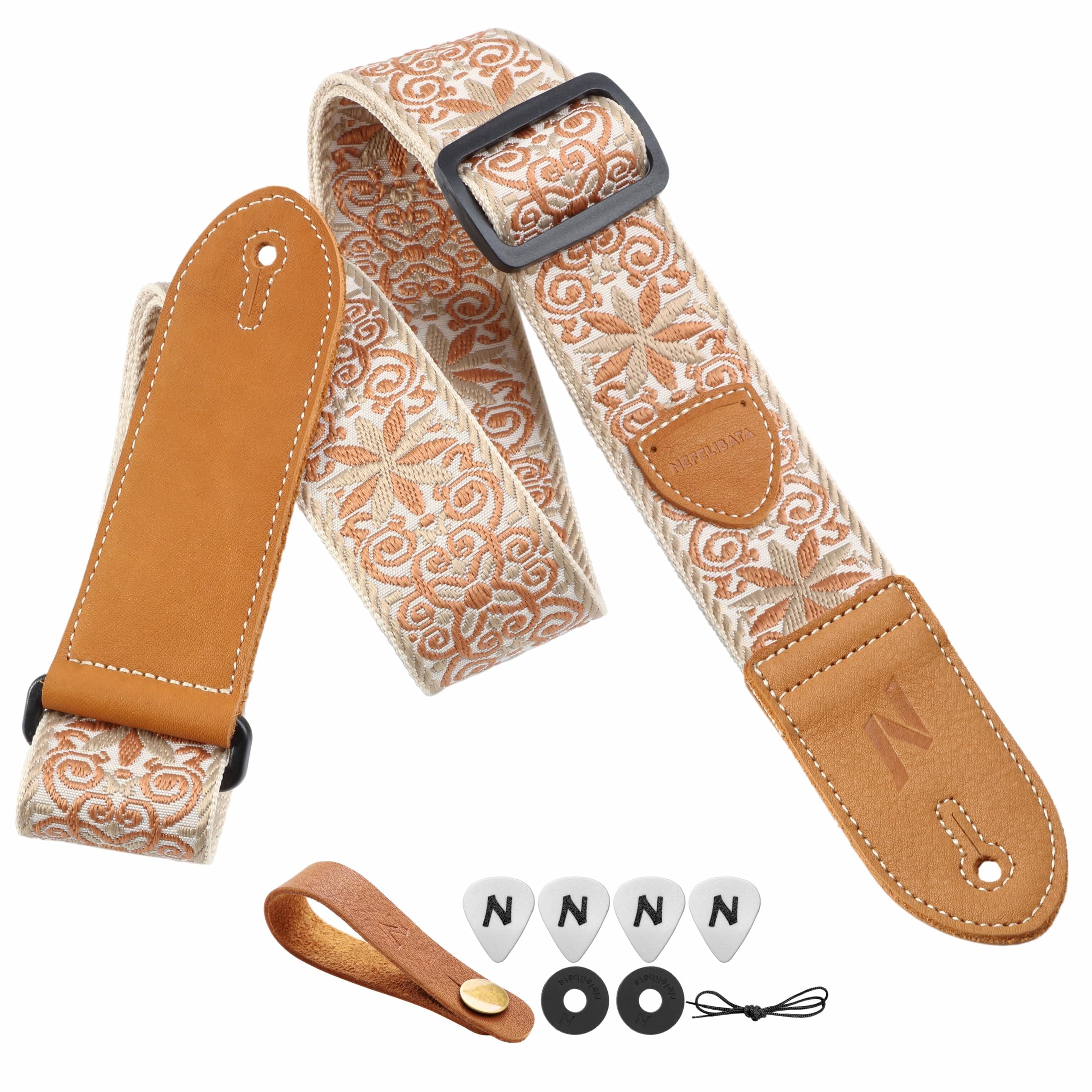 Nefelibata Guitar Strap,Double leather ends,Vintage Woven W/FREE BONUS-4 Picks+Strap Locks+Strap Button