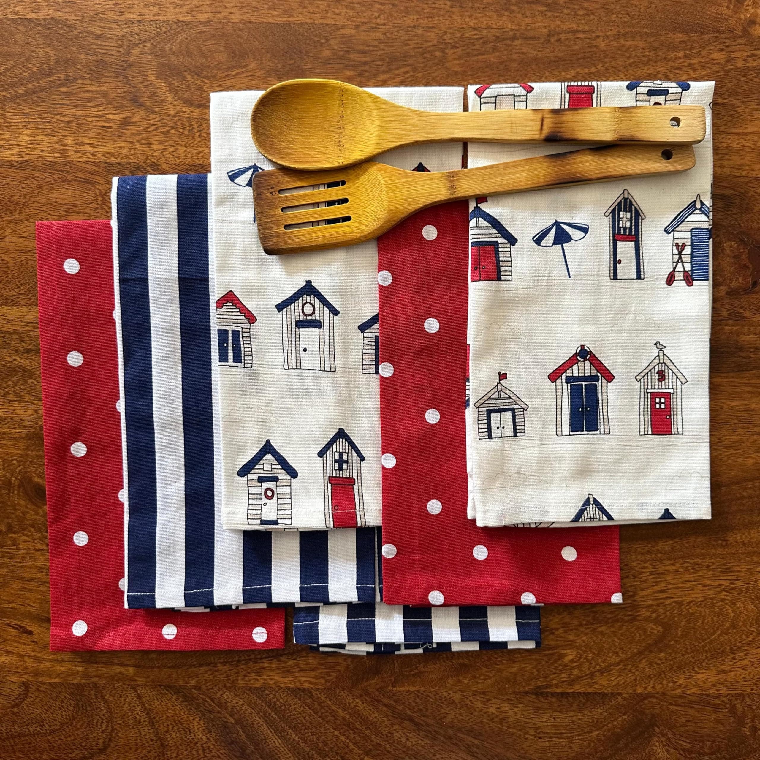 Oak & Lily Set of 6 Kitchen Napkins | Dish Towels | 100% Cotton | Premium European Quality | Washable, Large Size (40 * 60cm) Kitchen Cloth for Roti, Cleaning, Drying, Wiping | (Red, White & Blue)