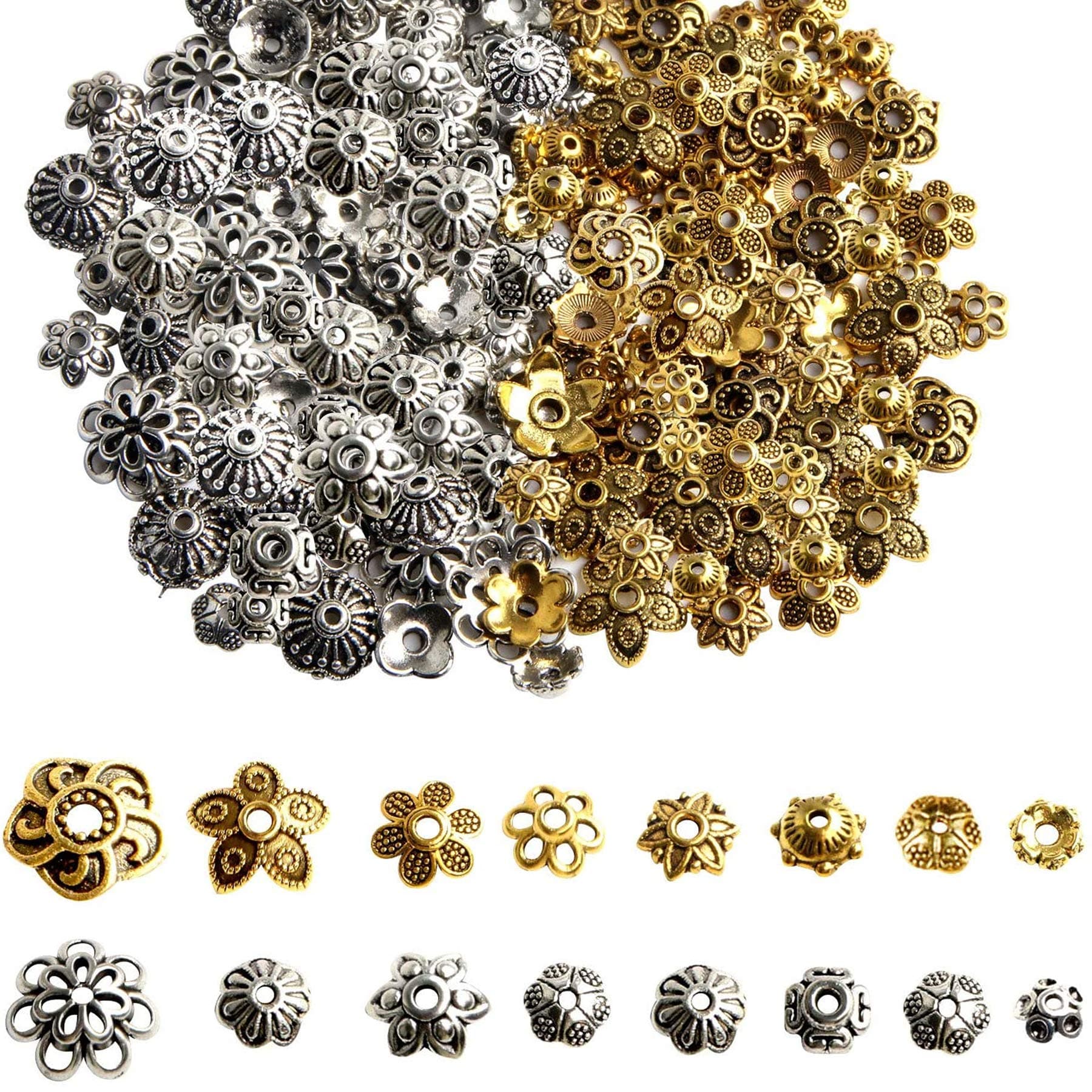 Jewelry Making Metal Bead Caps - 160 Pcs Bali Style Mixed Tibetan Silver Gold Bead Caps Spacers Flower Jewelry Findings Accessories for Bracelet Necklace Jewelry Making